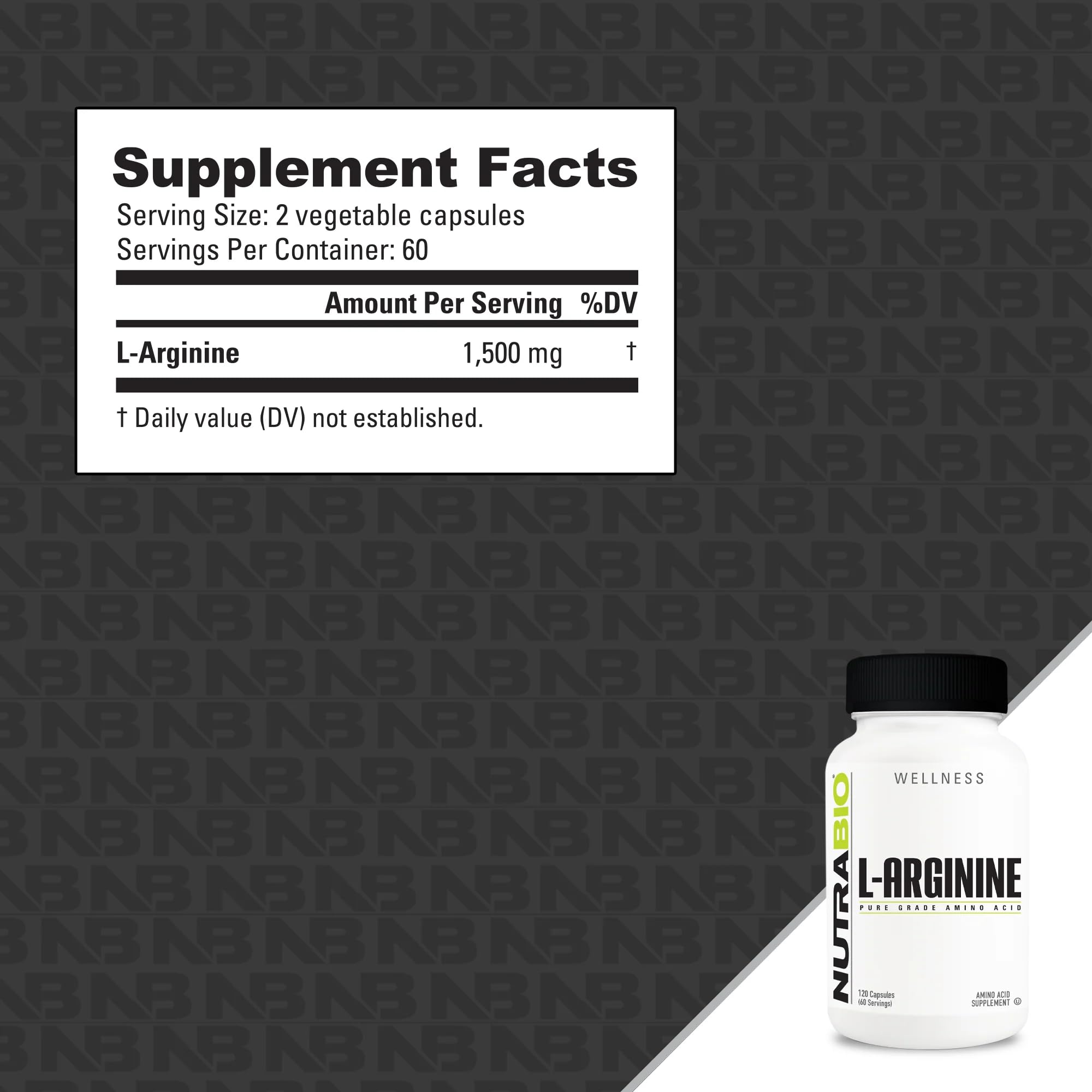 NutraBio envase abierto con 120 cápsulas de L-Arginine listos para uso diario