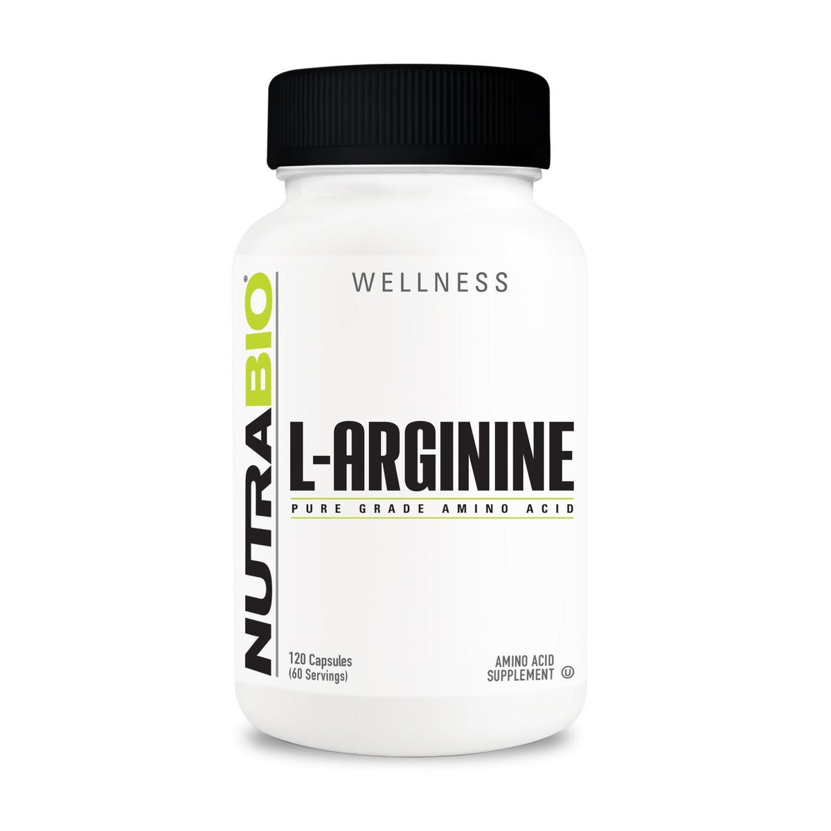 NutraBio frasco frontal de L-Arginine 750 mg mostrando el envase y beneficios visibles