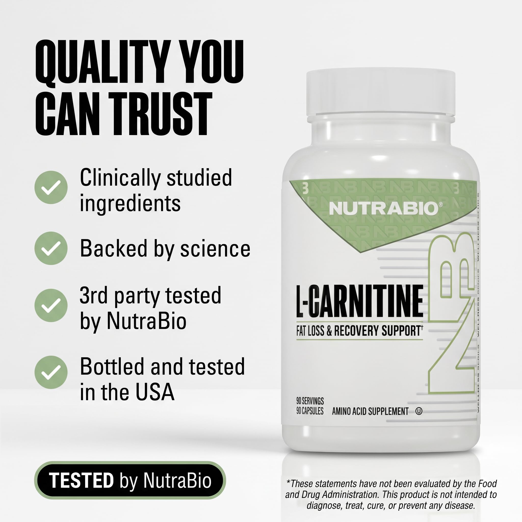 Envase cerrado de NutraBio L-Carnitine preservando potencia y frescura
