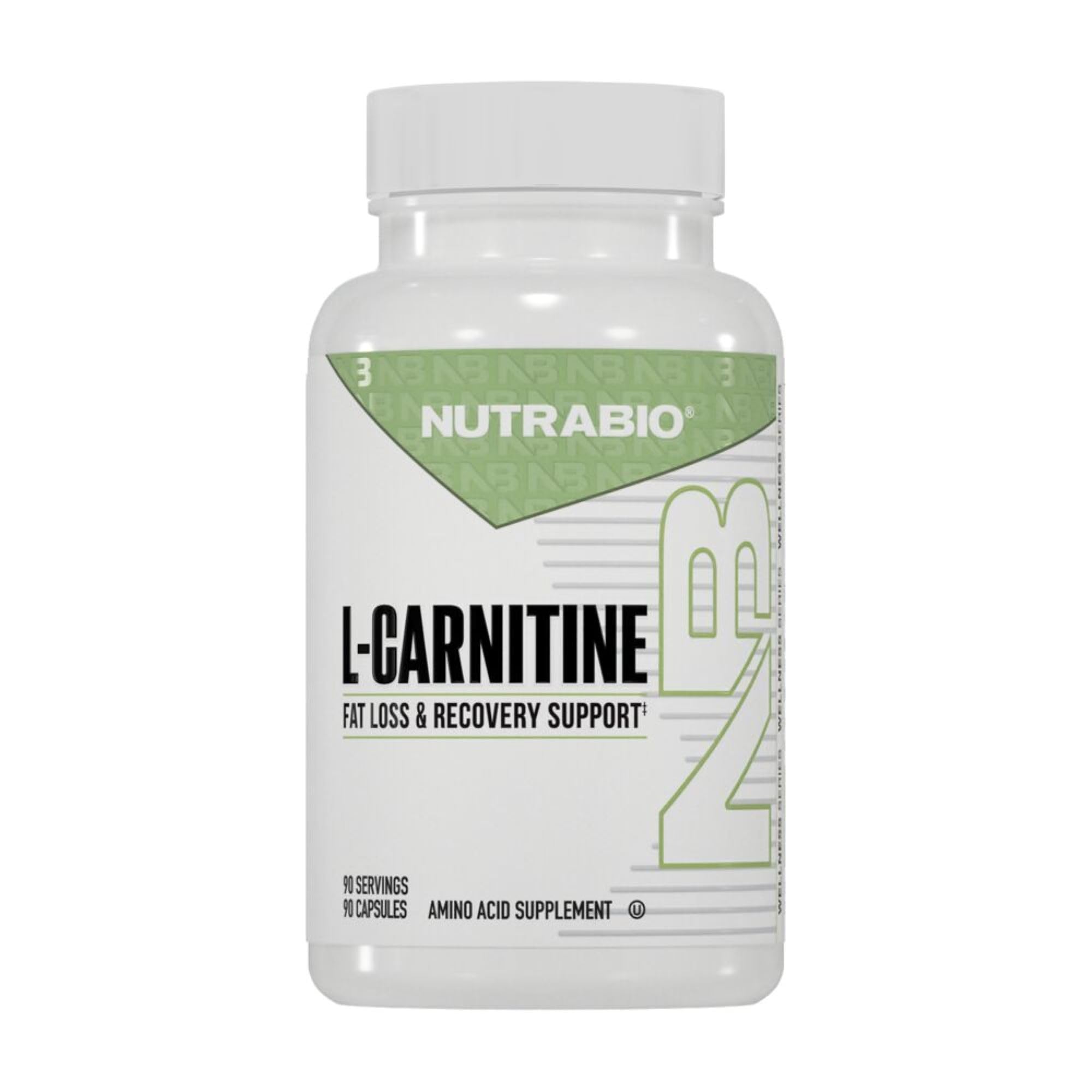 NutraBio bote frontal mostrando L-Carnitine 500 mg y beneficios para energía