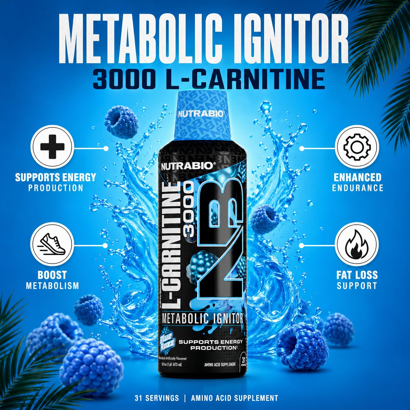 NutraBio líquido azul brillante mostrando textura y absorción rápida