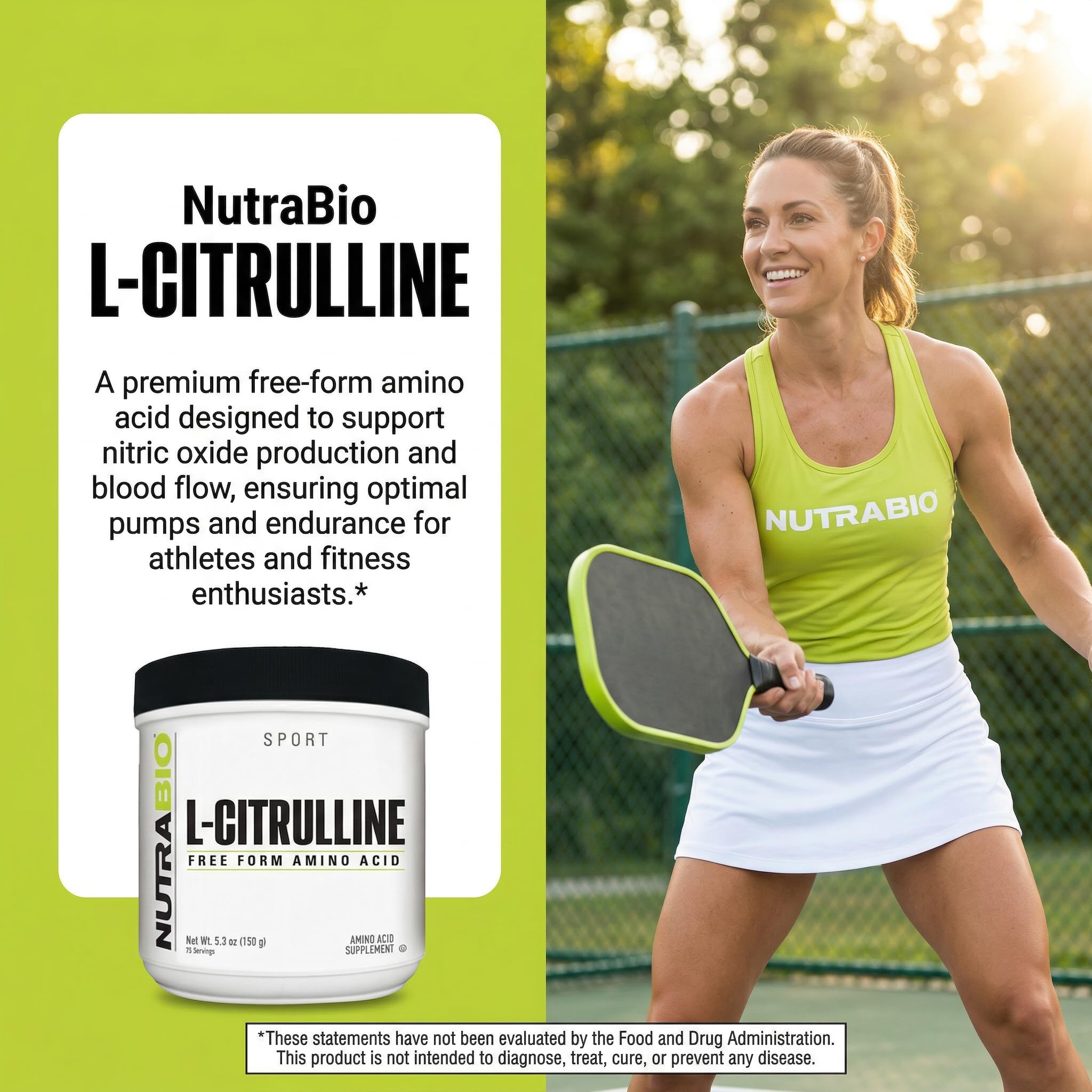 NutraBio L-Citrulline en mano para comparar tamaño y porción