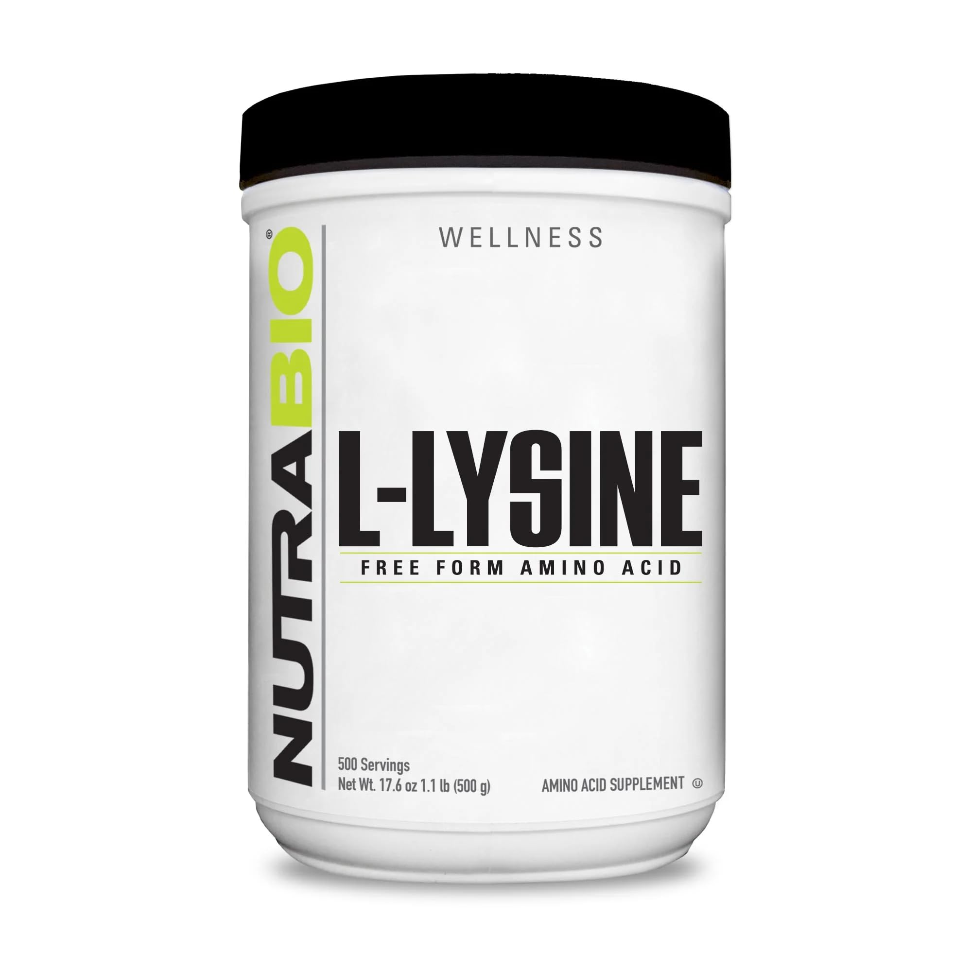 NutraBio envase frontal de L-Lysine Powder mostrando diseño y capacidad