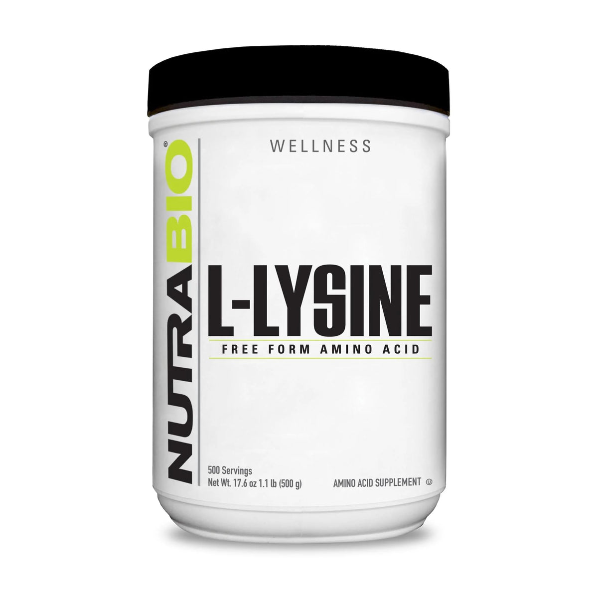 NutraBio envase frontal de L-Lysine Powder mostrando diseño y capacidad