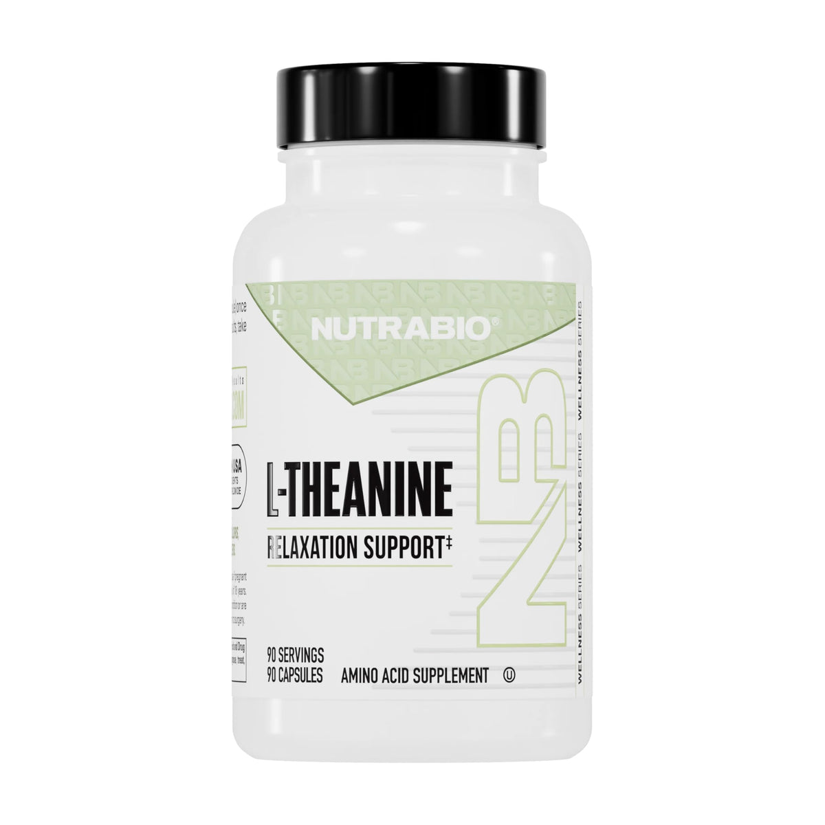NutraBio frasco frontal mostrando etiqueta clara y beneficio relajación