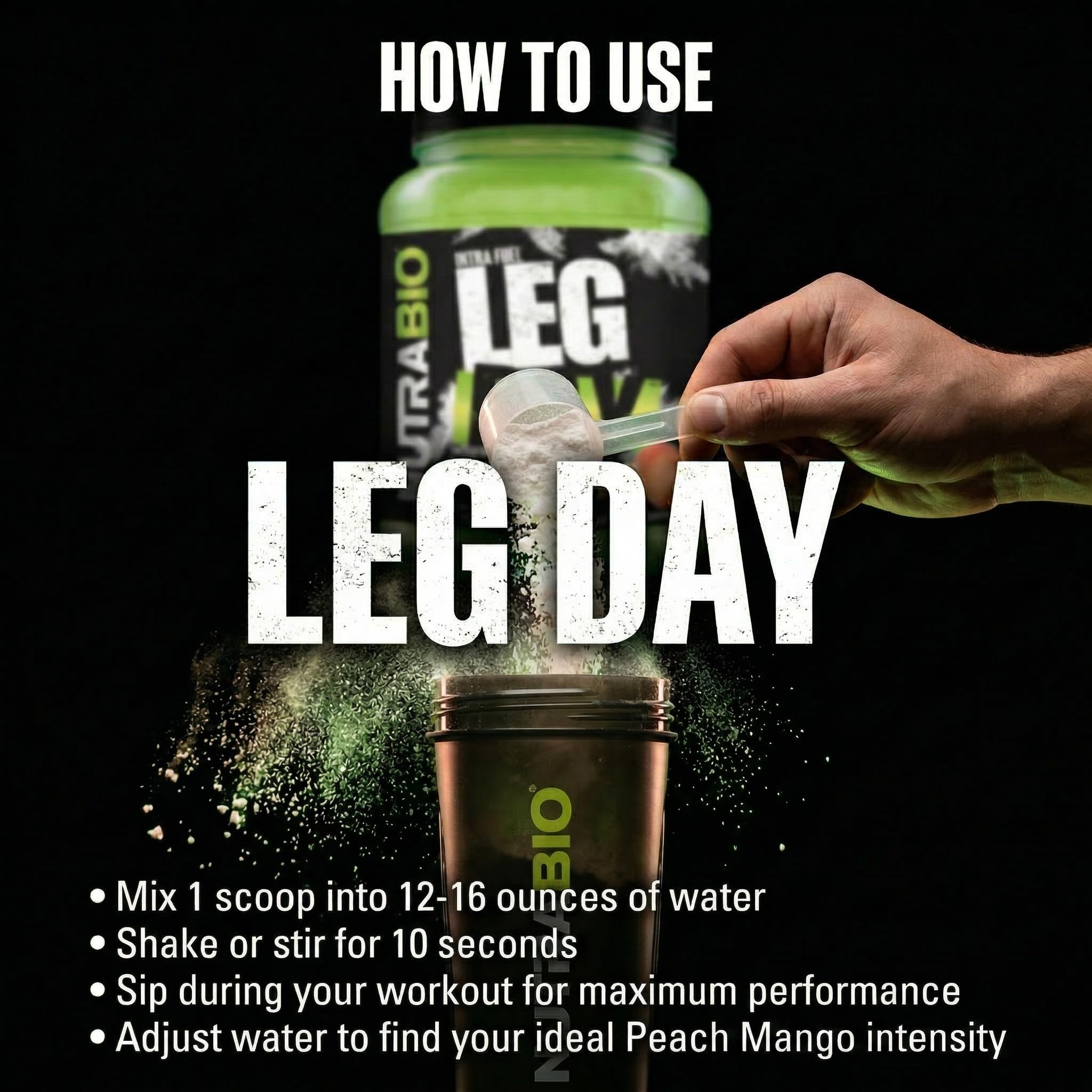 Comparación de tamaño del envase NutraBio Leg Day junto a botella para escala visual