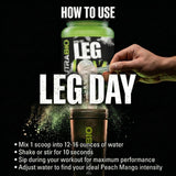 Comparación de tamaño del envase NutraBio Leg Day junto a botella para escala visual
