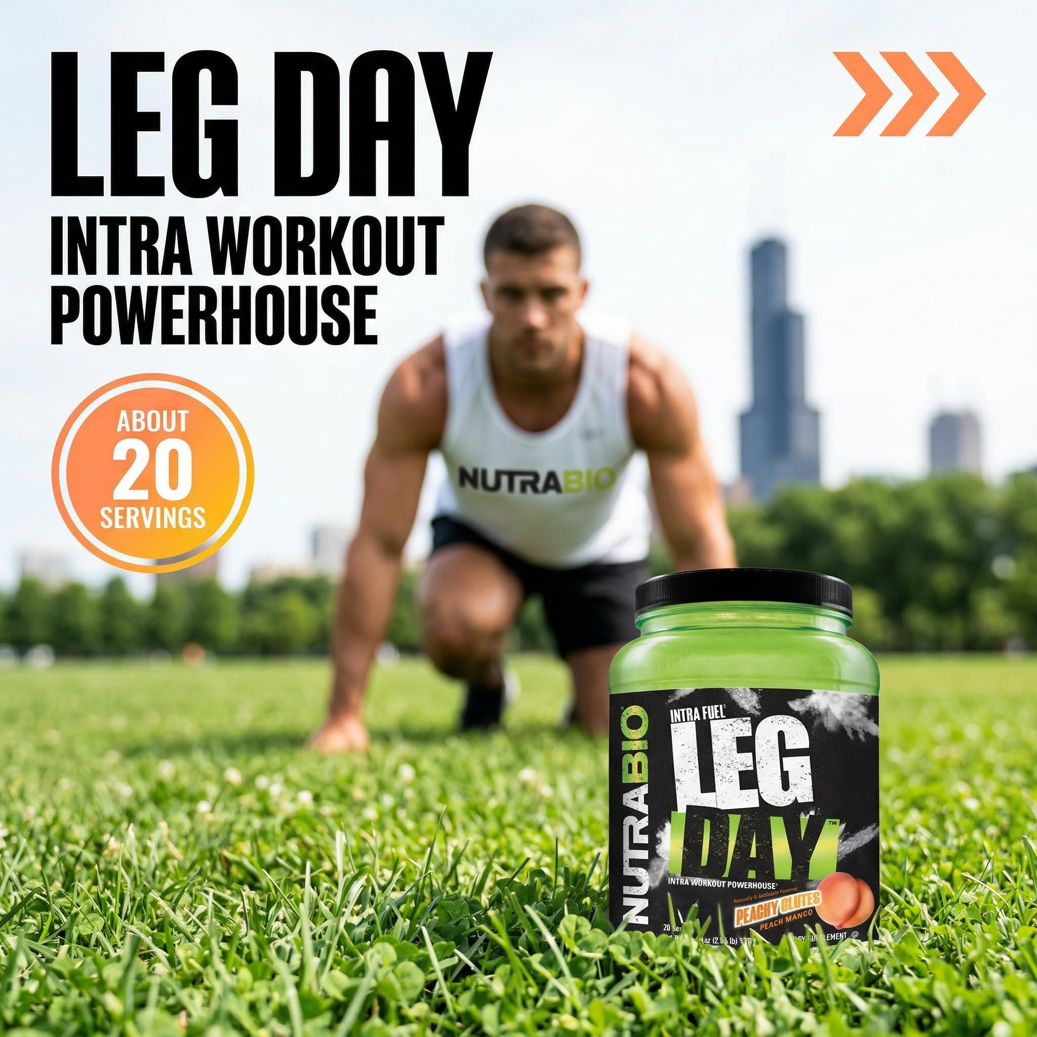 Atleta usando NutraBio Leg Day en gimnasio para energía intra workout y recuperación