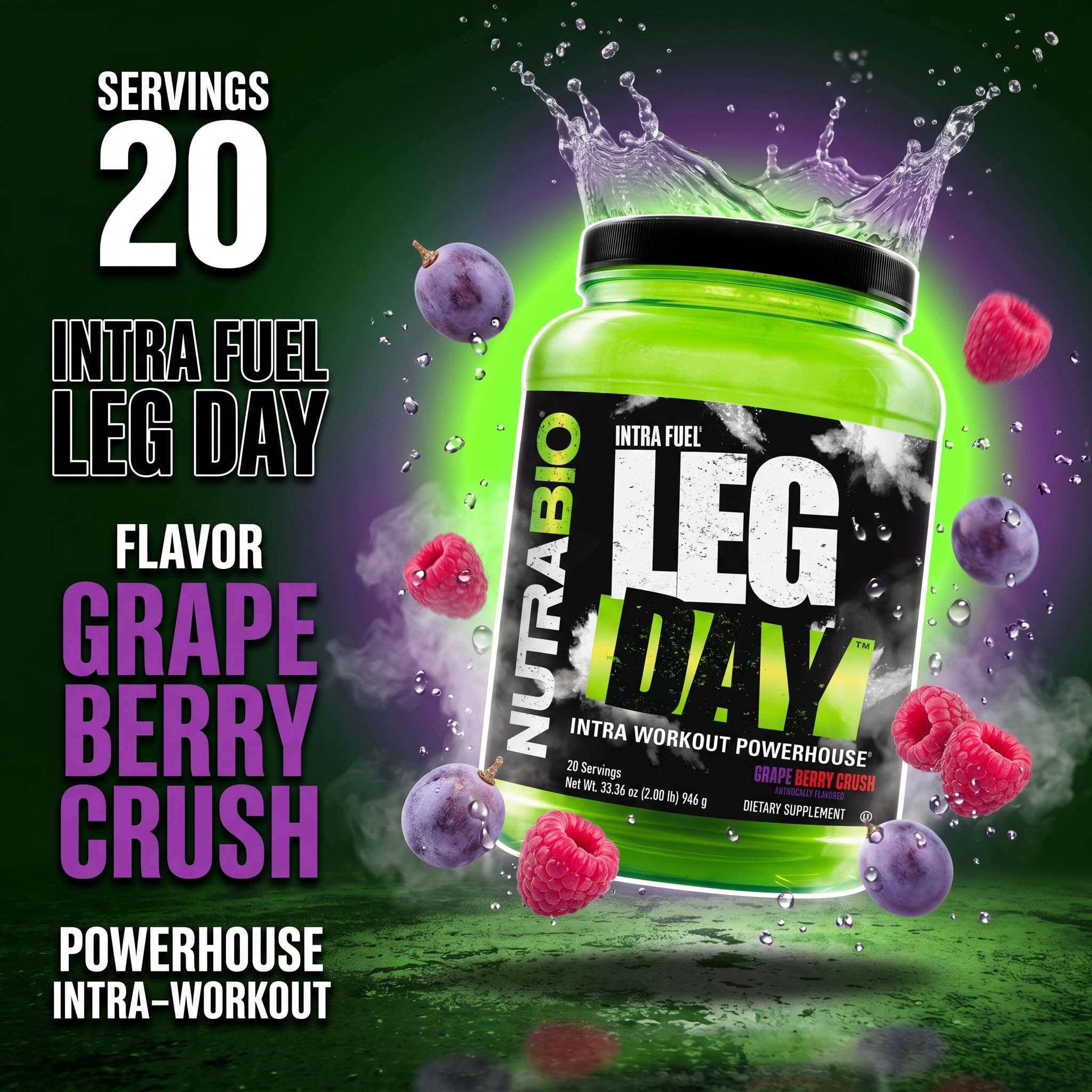 NutraBio LEG DAY etiqueta nutricional enfocada, información clara de ingredientes