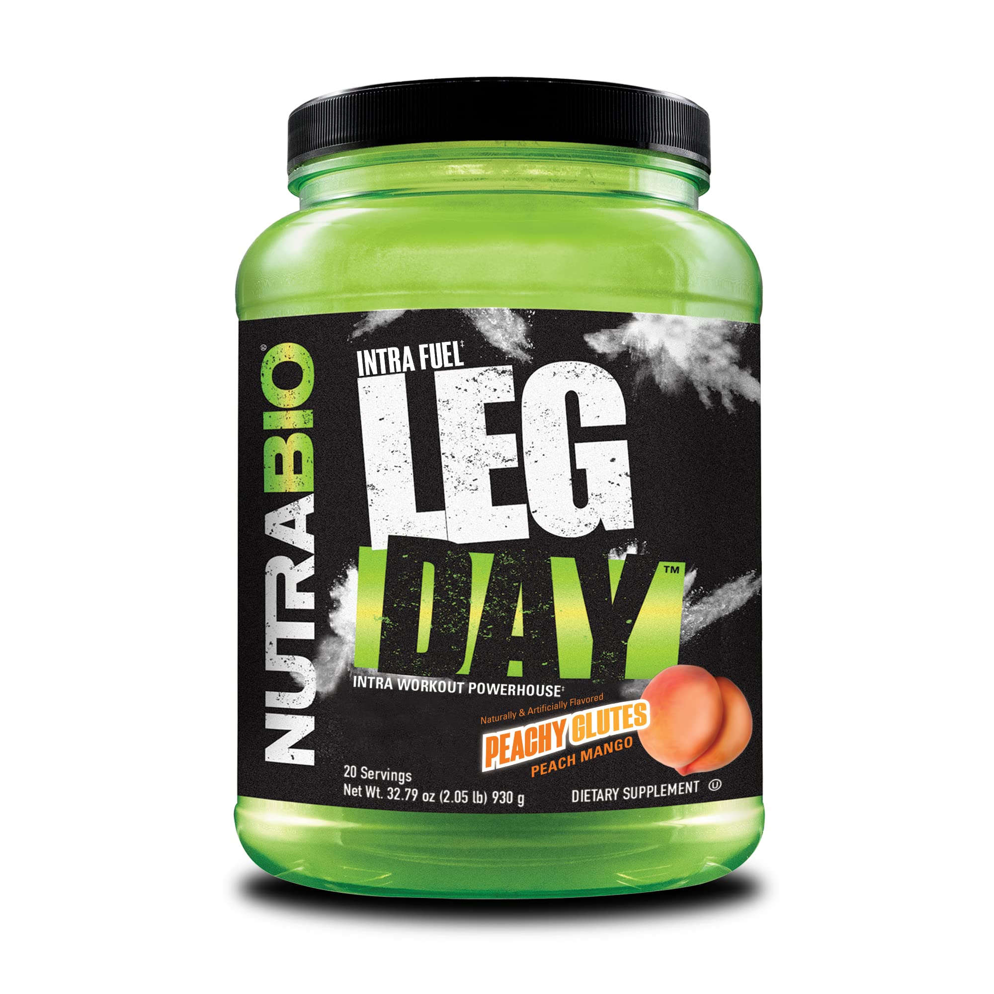 NutraBio envase Leg Day al frente mostrando etiqueta y marca para identificación rápida