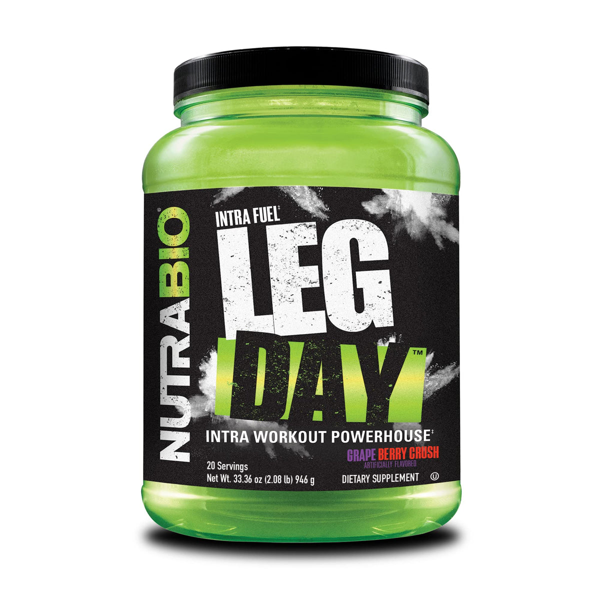 NutraBio LEG DAY frontal del envase mostrando el diseño y beneficios