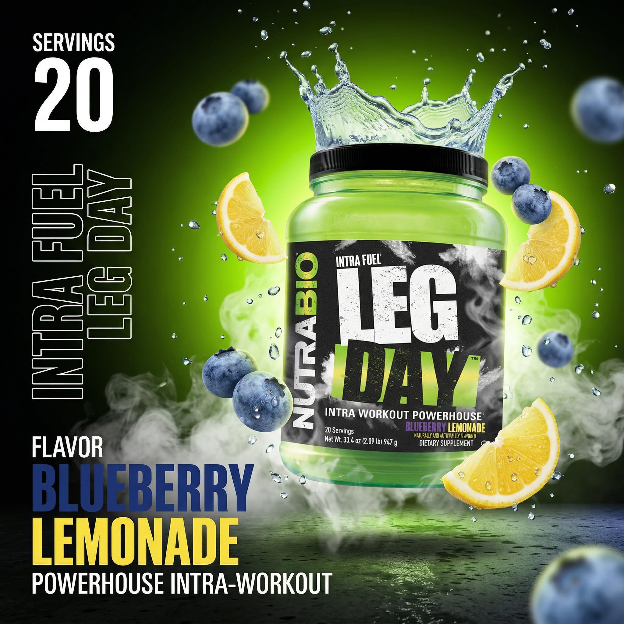 Vaso con Leg Day disuelto, NutraBio mantiene energía durante el entrenamiento