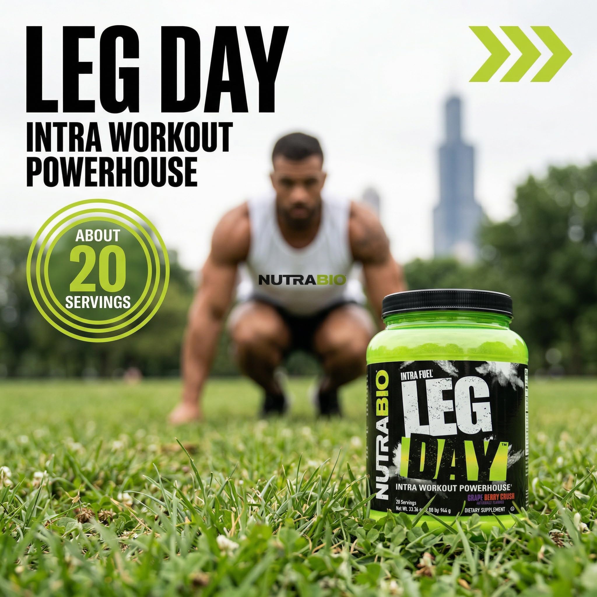 NutraBio LEG DAY comparación de tamaño del envase, visualiza 20 servicios