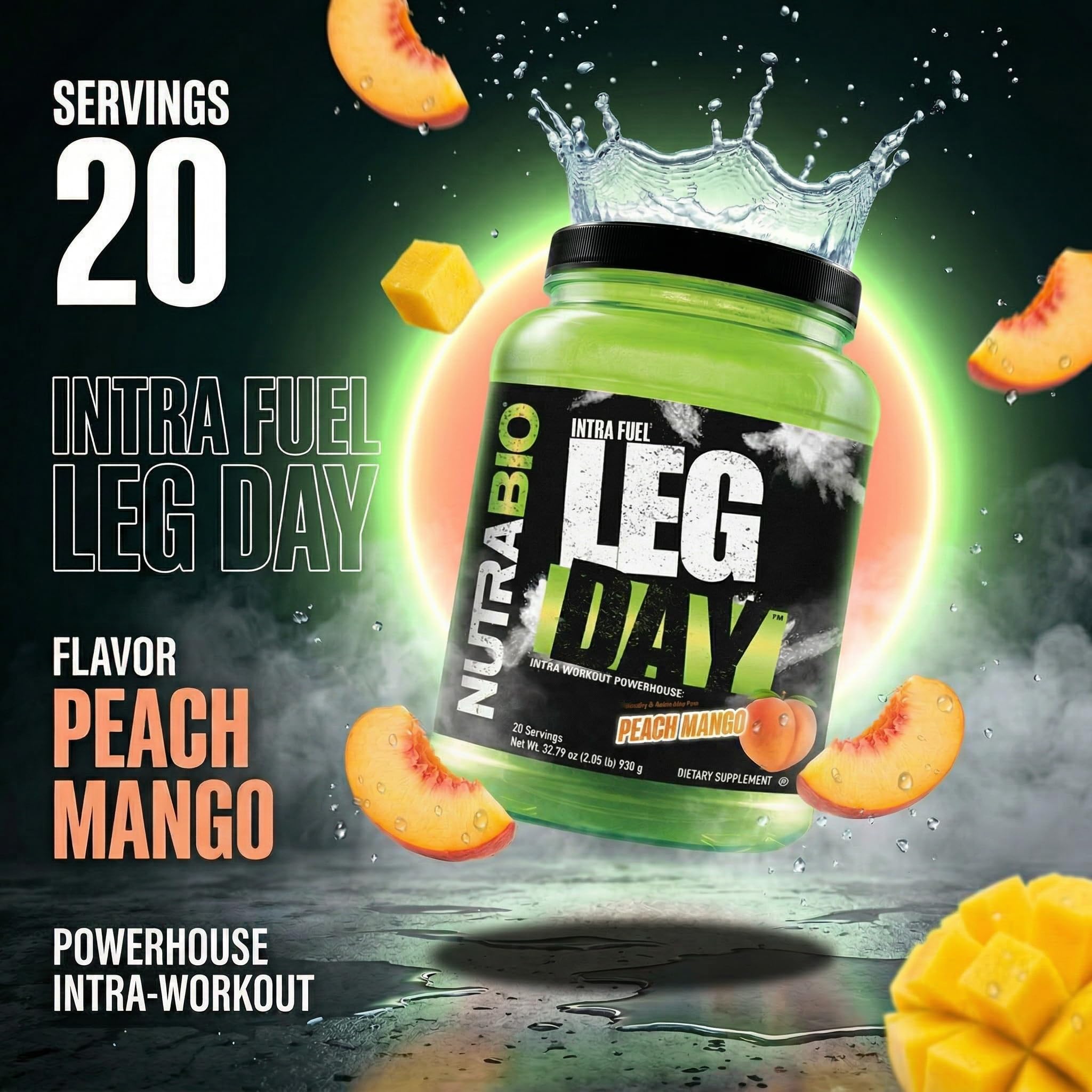 NutraBio vaso con Leg Day mezclado listo para beber durante el entrenamiento