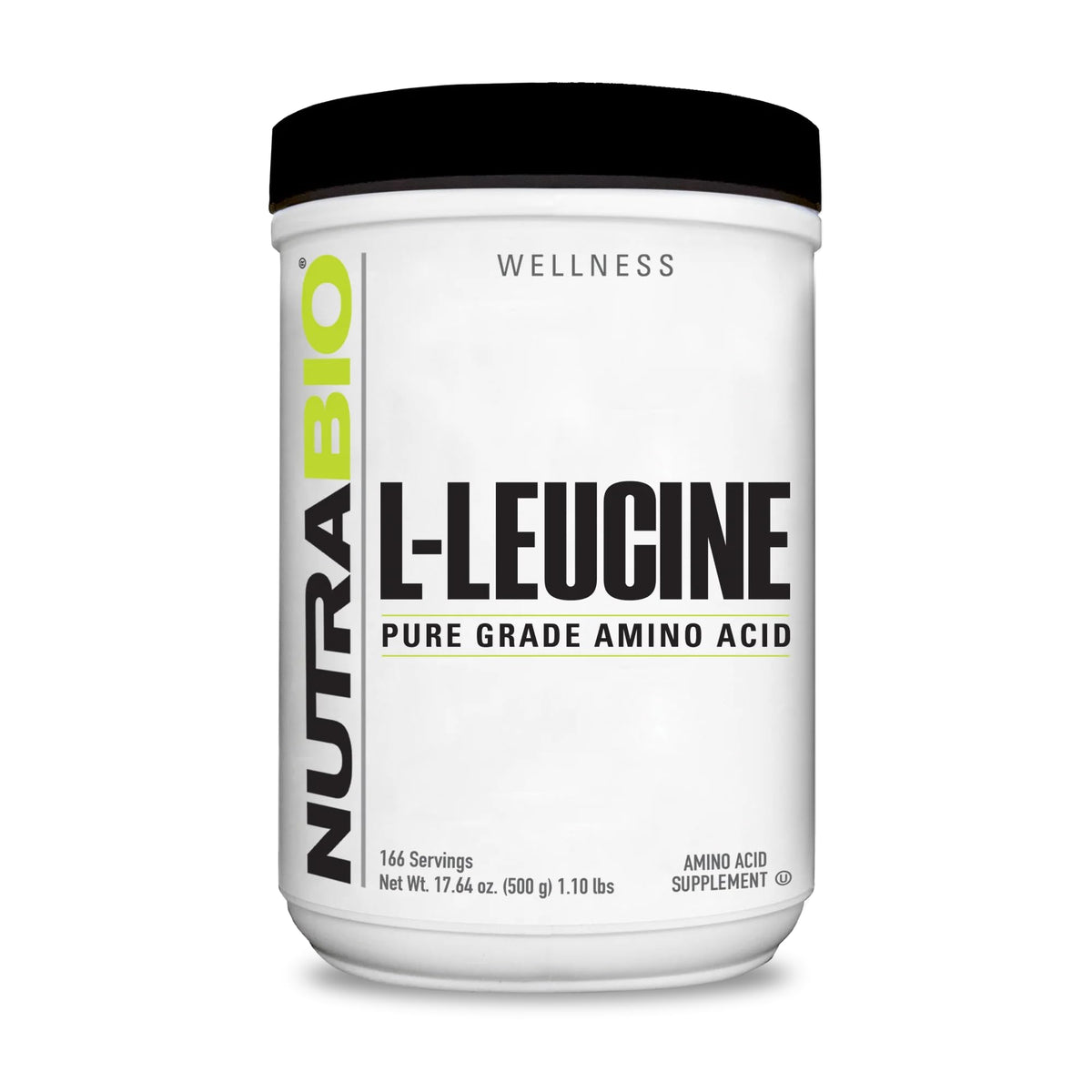 NutraBio L-Leucine frente del envase mostrando pureza y diseño
