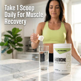 Etiqueta de NutraBio L-Leucine con ingredientes y pruebas de lote