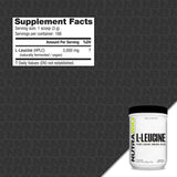 Polvo blanco de NutraBio L-Leucine con textura fina, mezclado fácil