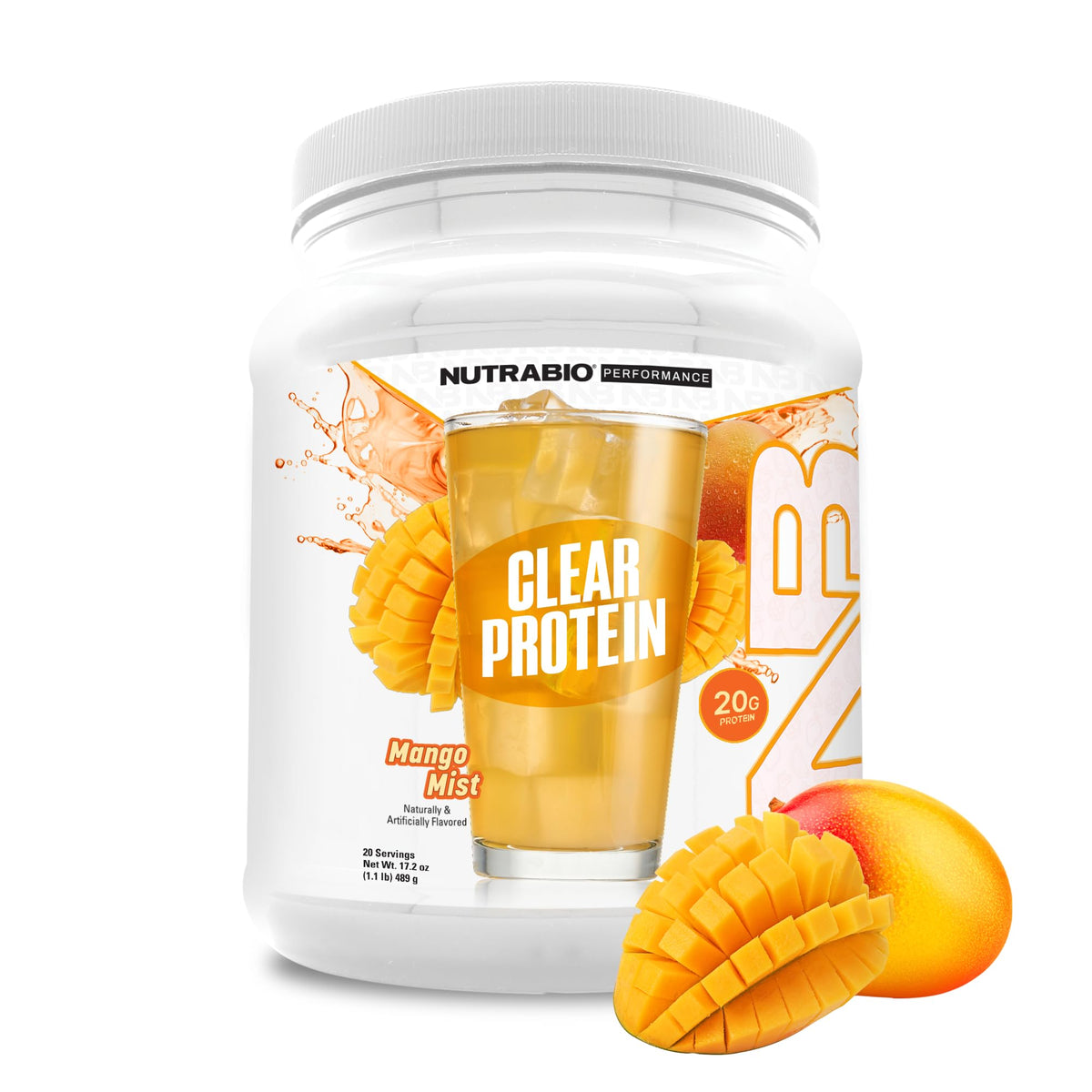 NutraBio envase frontal Mango Mist mostrando beneficio refrescante