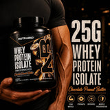 NutraBio cuchara medidora con 25 g destacando la porción de proteína por servicio