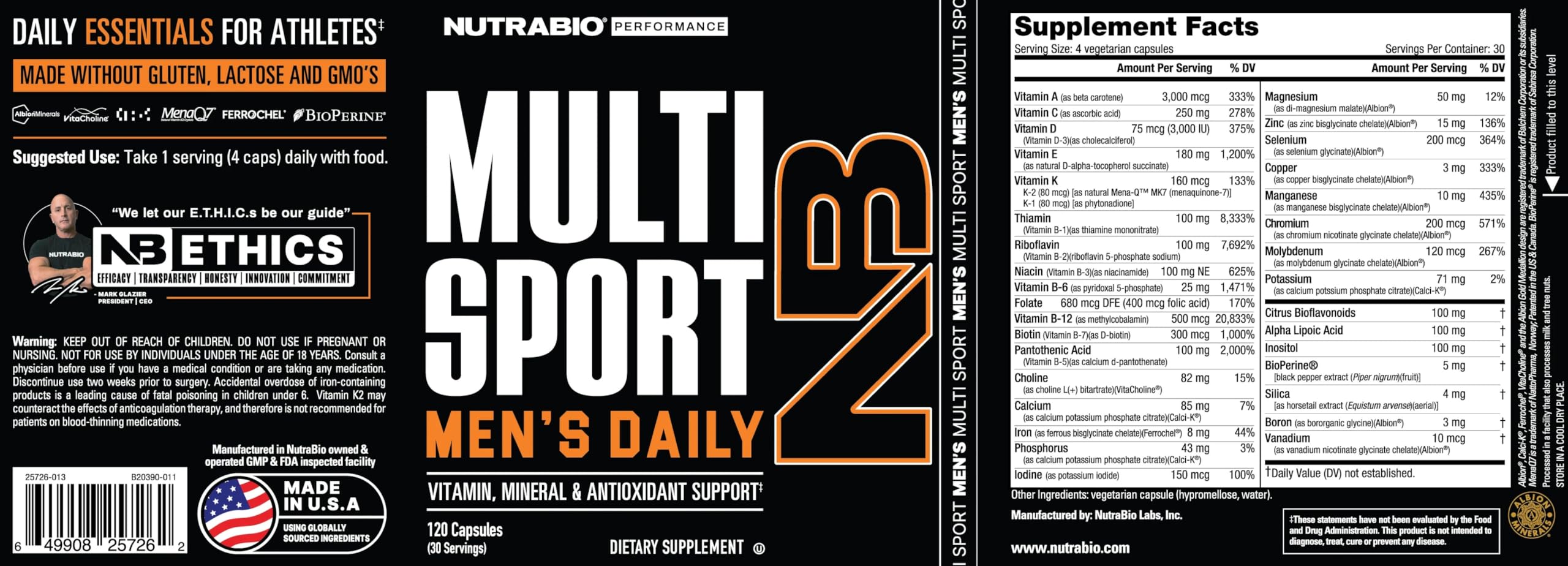 NutraBio etiqueta nutricional con detalles de los 33 vitaminas y minerales