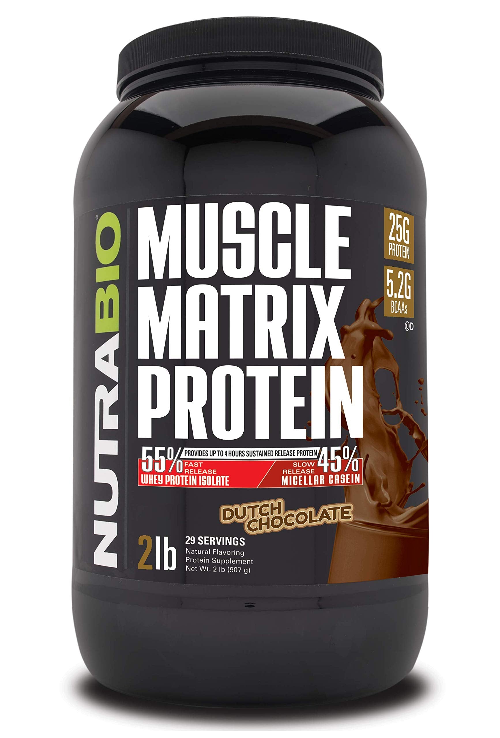NutraBio envase frontal mostrando Muscle Matrix y beneficio de 25 g proteína