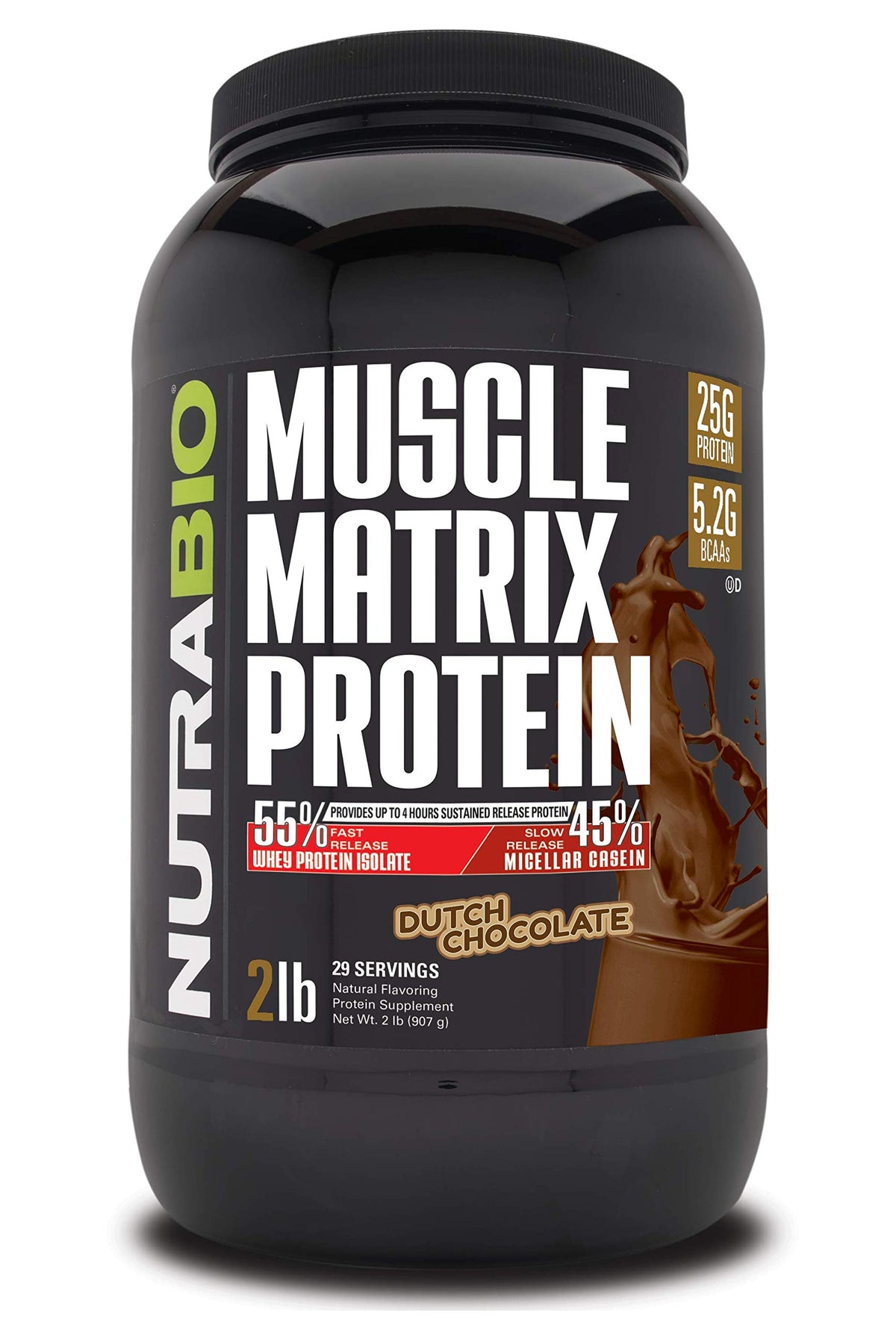 NutraBio envase frontal mostrando Muscle Matrix y beneficio de 25 g proteína