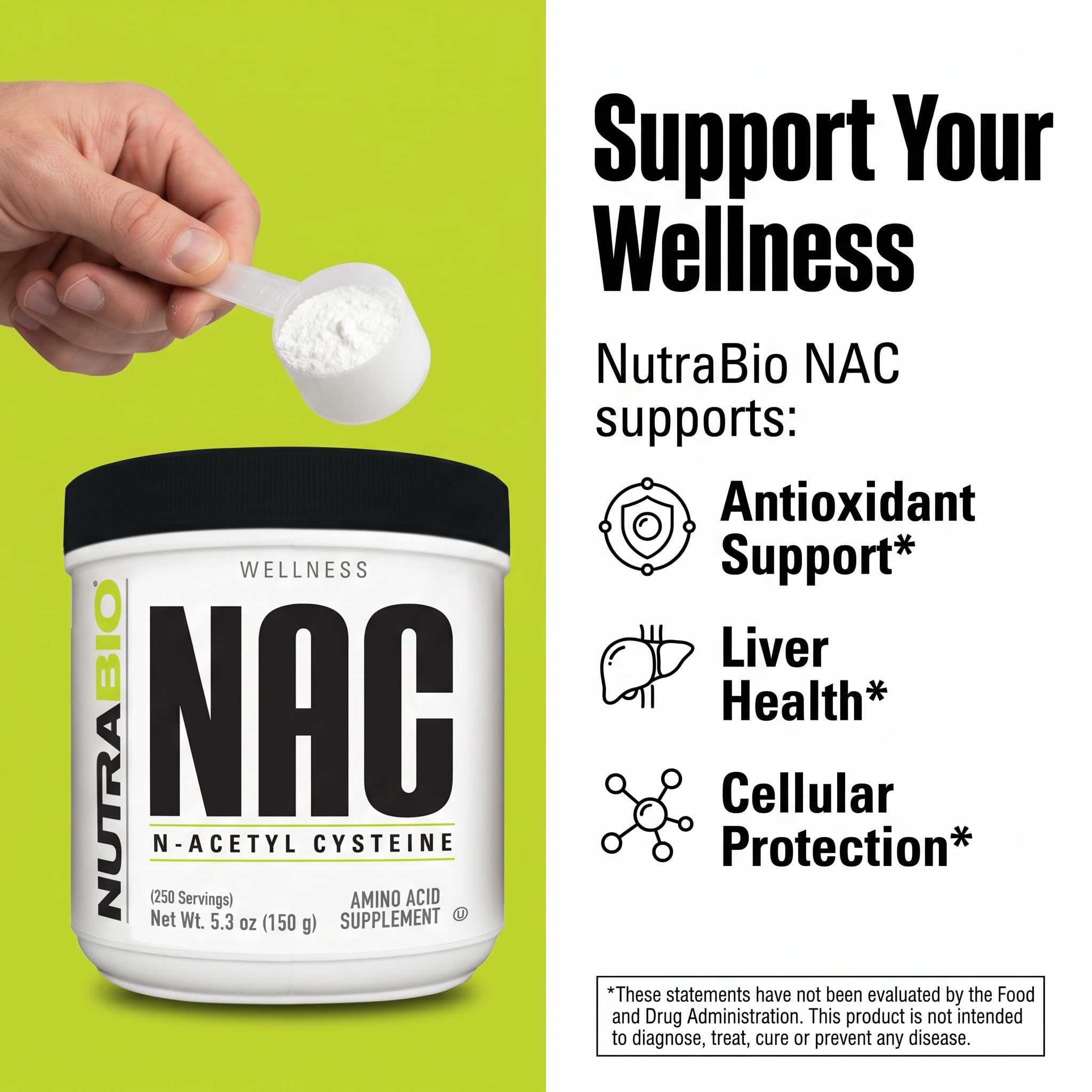 NutraBio NAC cuchara medidora con ración de 600 mg lista para mezclar