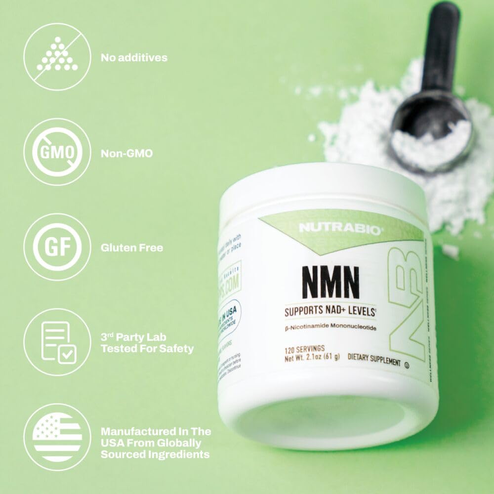 Tabla nutricional de NutraBio NMN con detalles de ingredientes