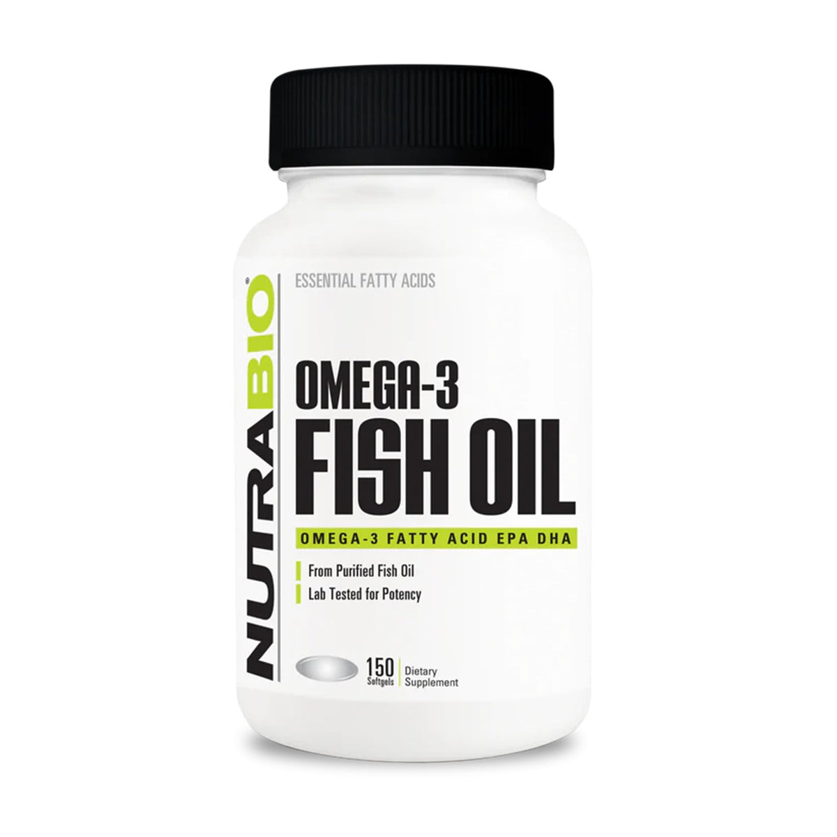 NutraBio frasco frontal mostrando 150 softgels y etiquetado claro