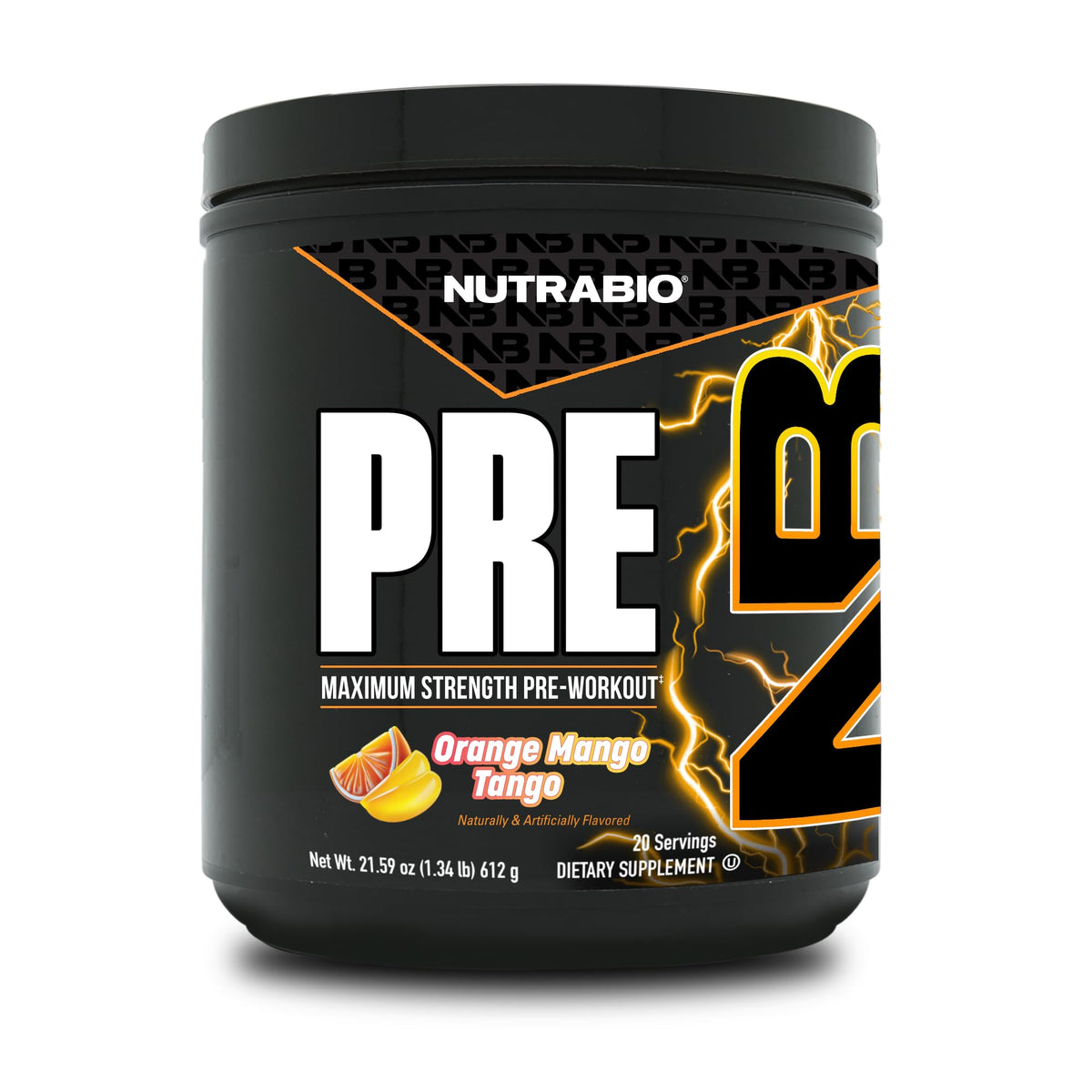 NutraBio envase frontal naranja mango mostrando fórmula transparente y beneficios