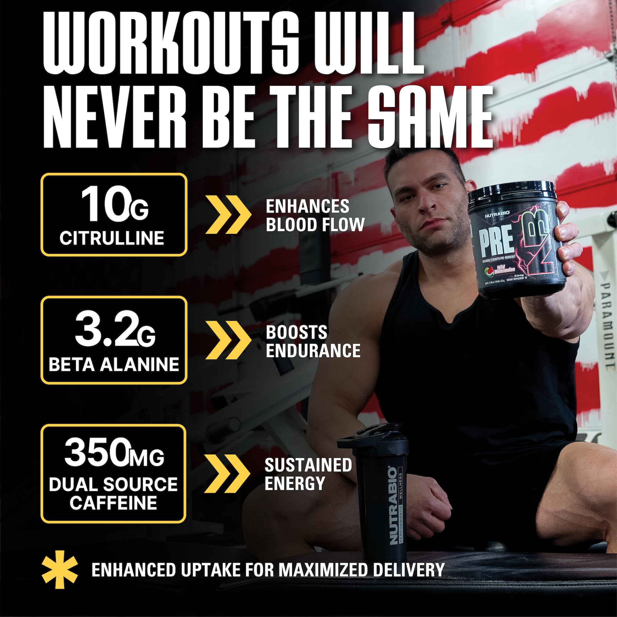 NutraBio preworkout preparado en vaso en gimnasio ofreciendo energía lista