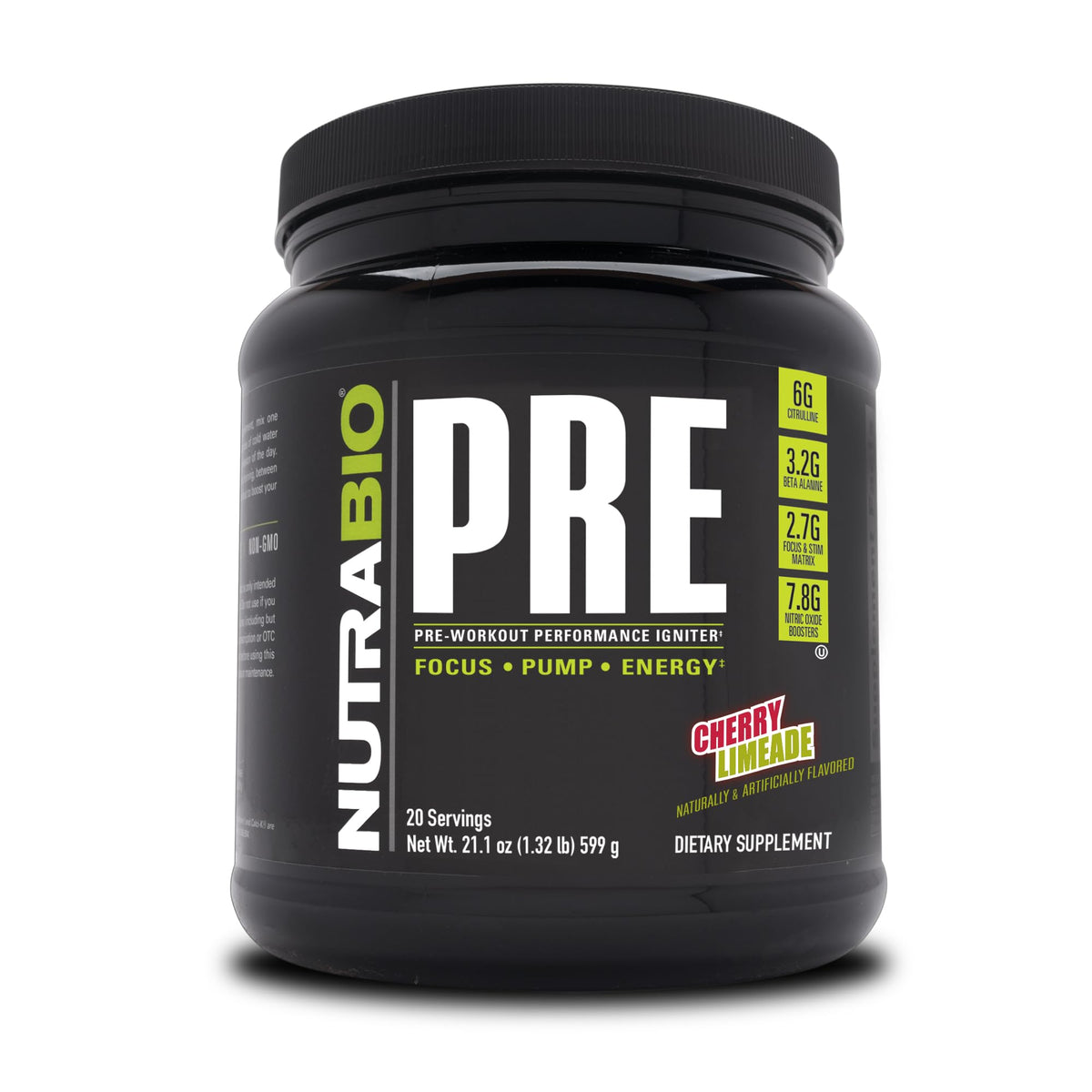 NutraBio bote frontal mostrando sabor cherry limeade y claridad de la fórmula