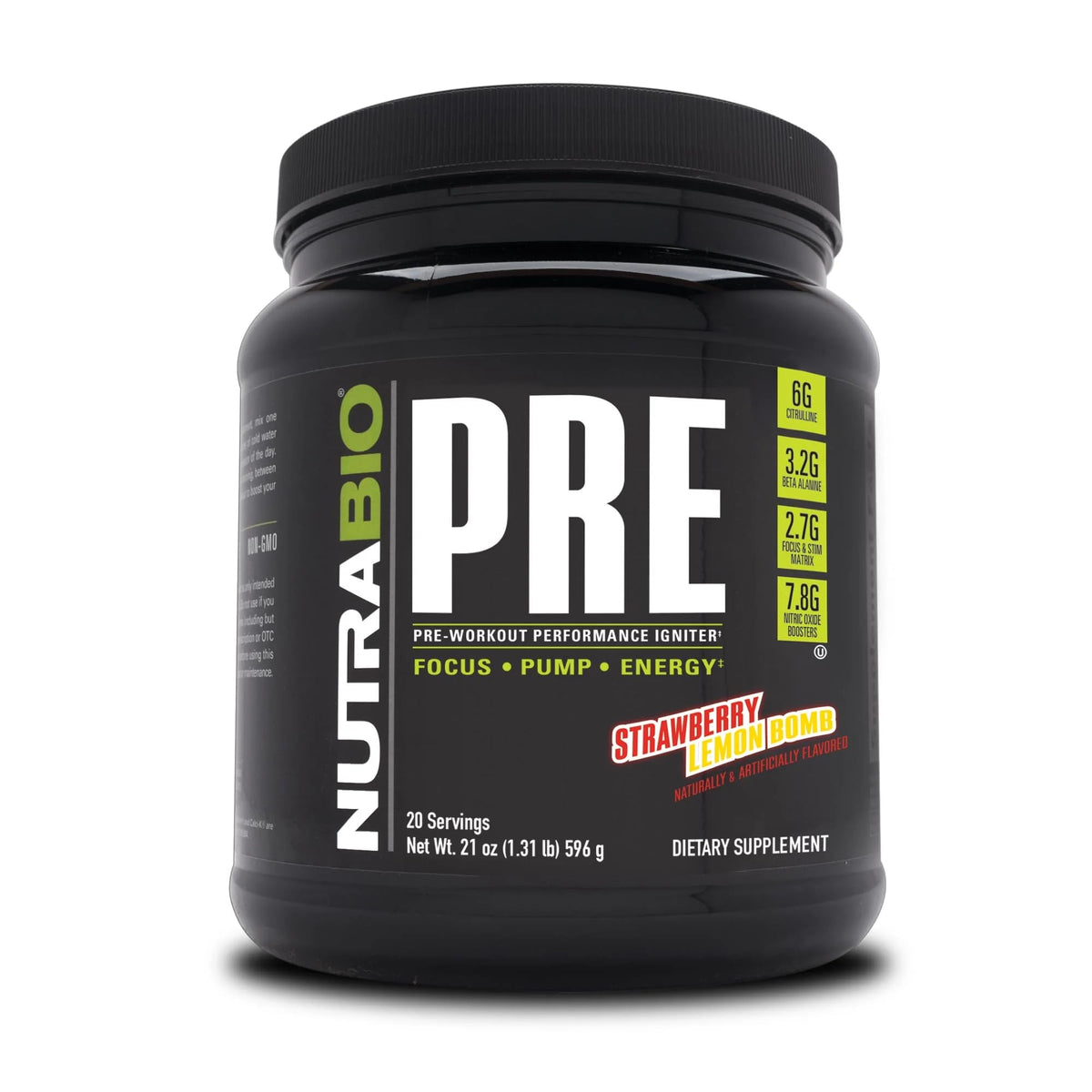 NutraBio envase frontal Strawberry Lemon Bomb mostrando diseño y porciones
