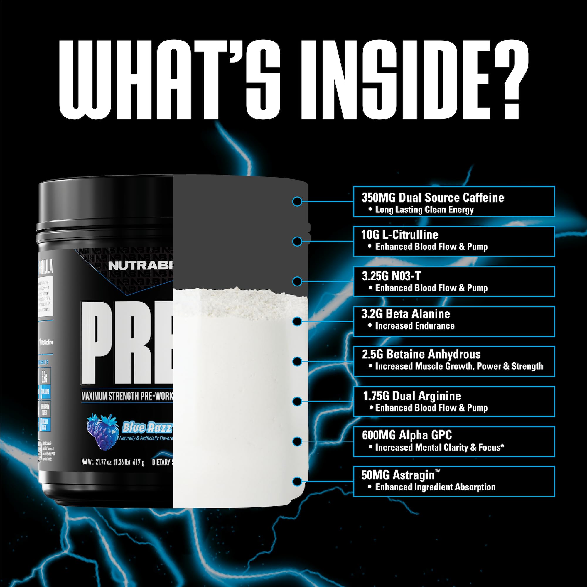NutraBio vaso con preworkout Blue Razz listo para tomar, energía inmediata