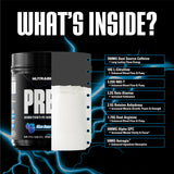 NutraBio vaso con preworkout Blue Razz listo para tomar, energía inmediata