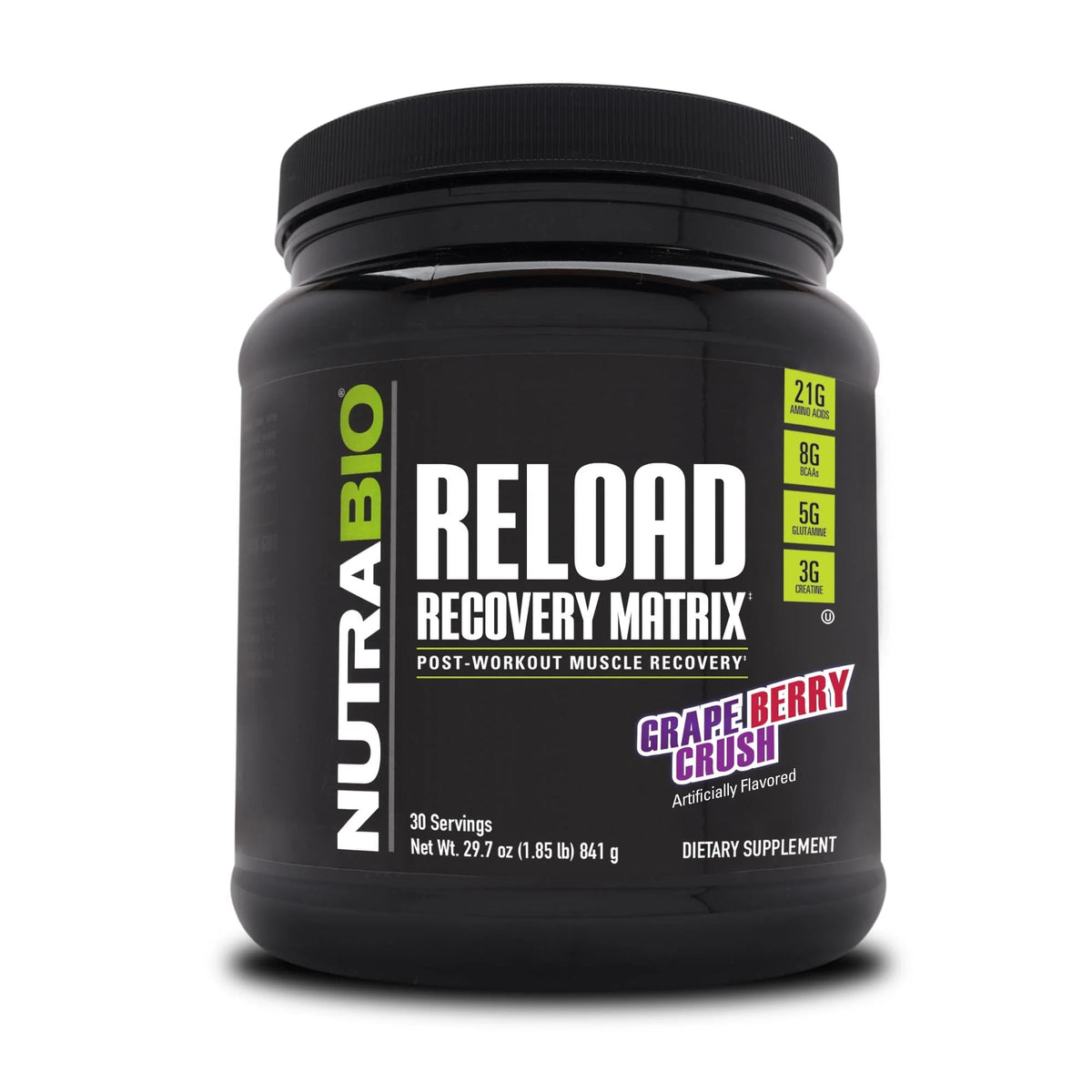 NutraBio Reload envase delantero mostrando sabor Grape Berry Crush y facilidad de uso