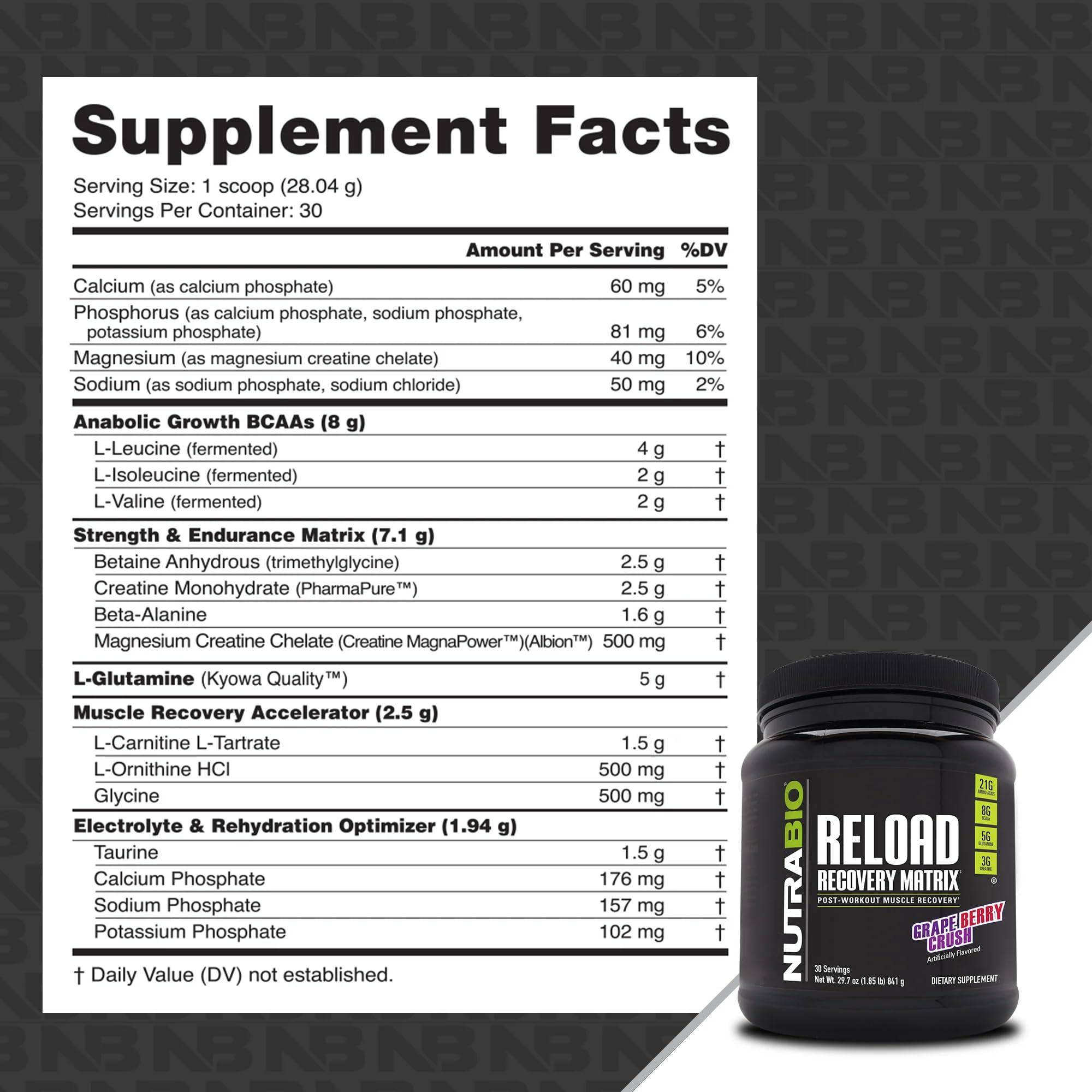 Polvo de NutraBio Reload textura fina destacando ingredientes para recuperación