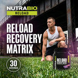 Servicio preparado de NutraBio Reload sobre mesa resaltando sabor Grape Berry Crush
