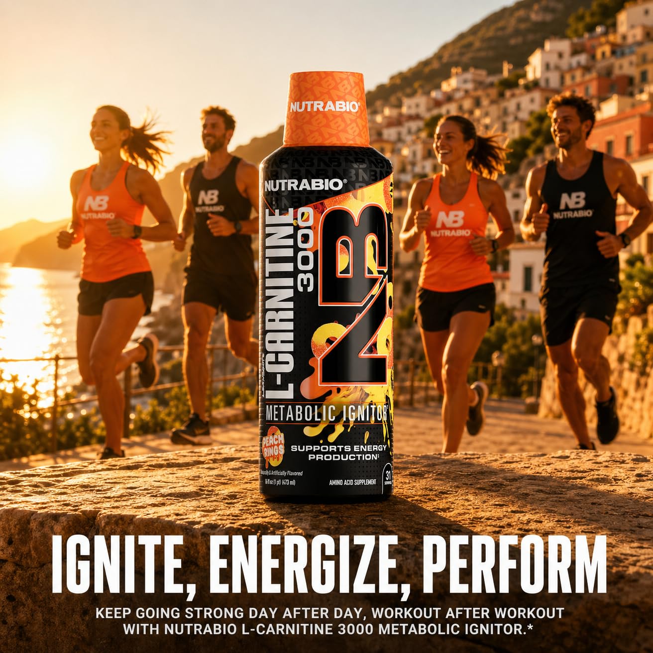 NutraBio botella con sabor Peach Rings prometiendo consumo agradable