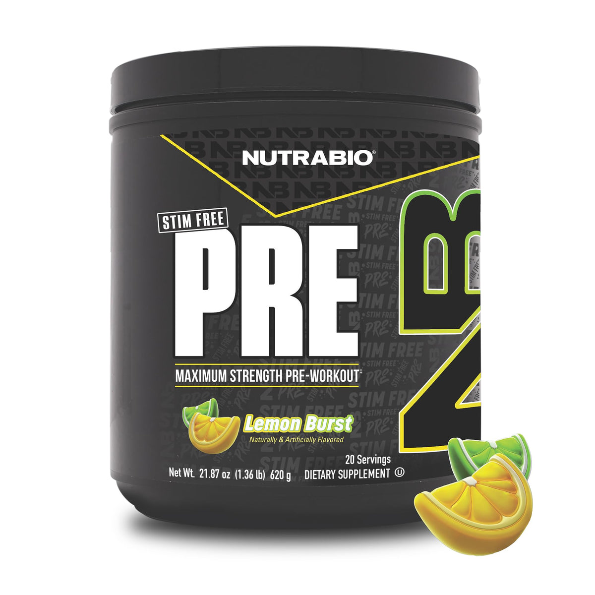 NutraBio frasco frontal Lemon Burst mostrando el diseño y beneficio claridad