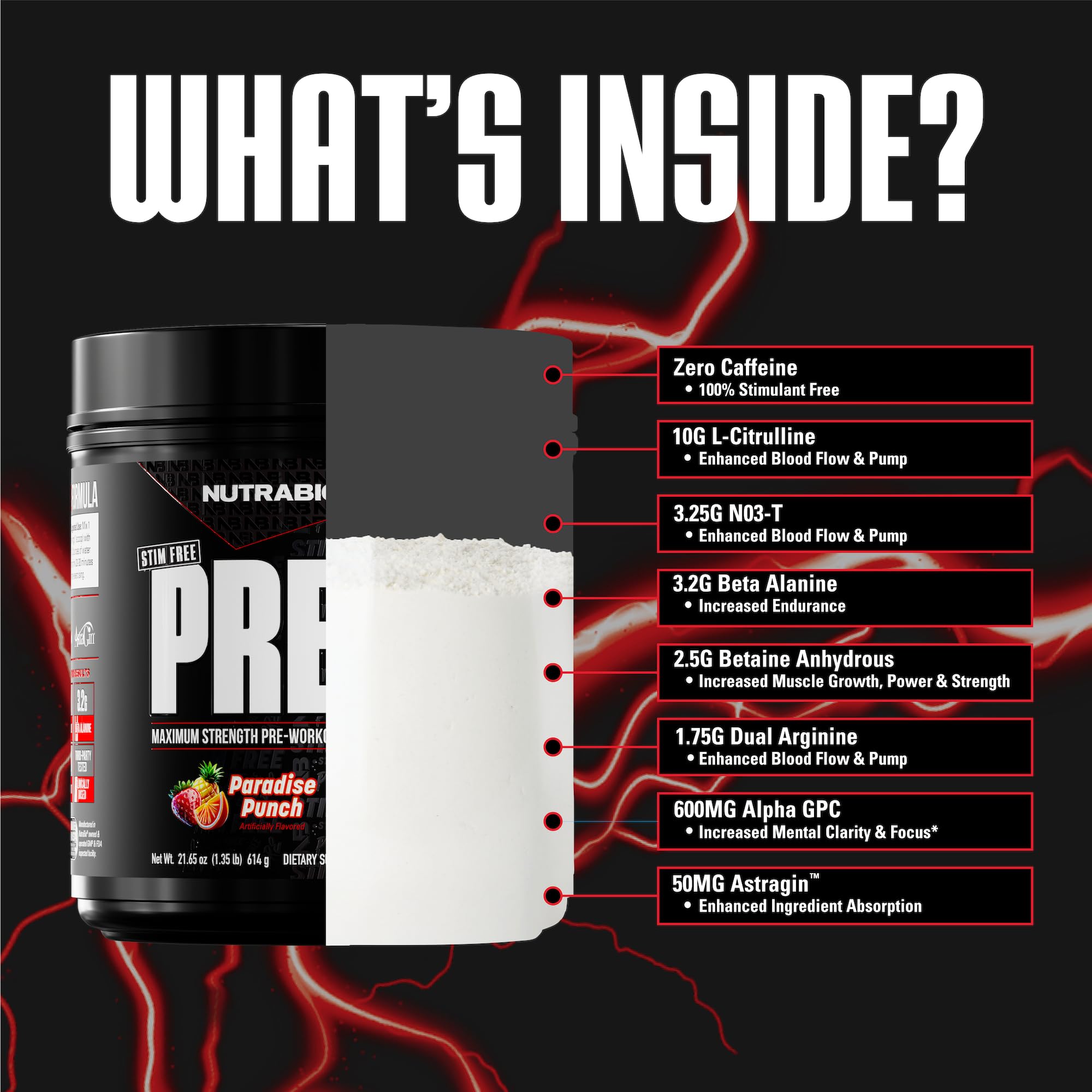 NutraBio vaso con preentreno mezclado listo para entrenar sin estimulantes