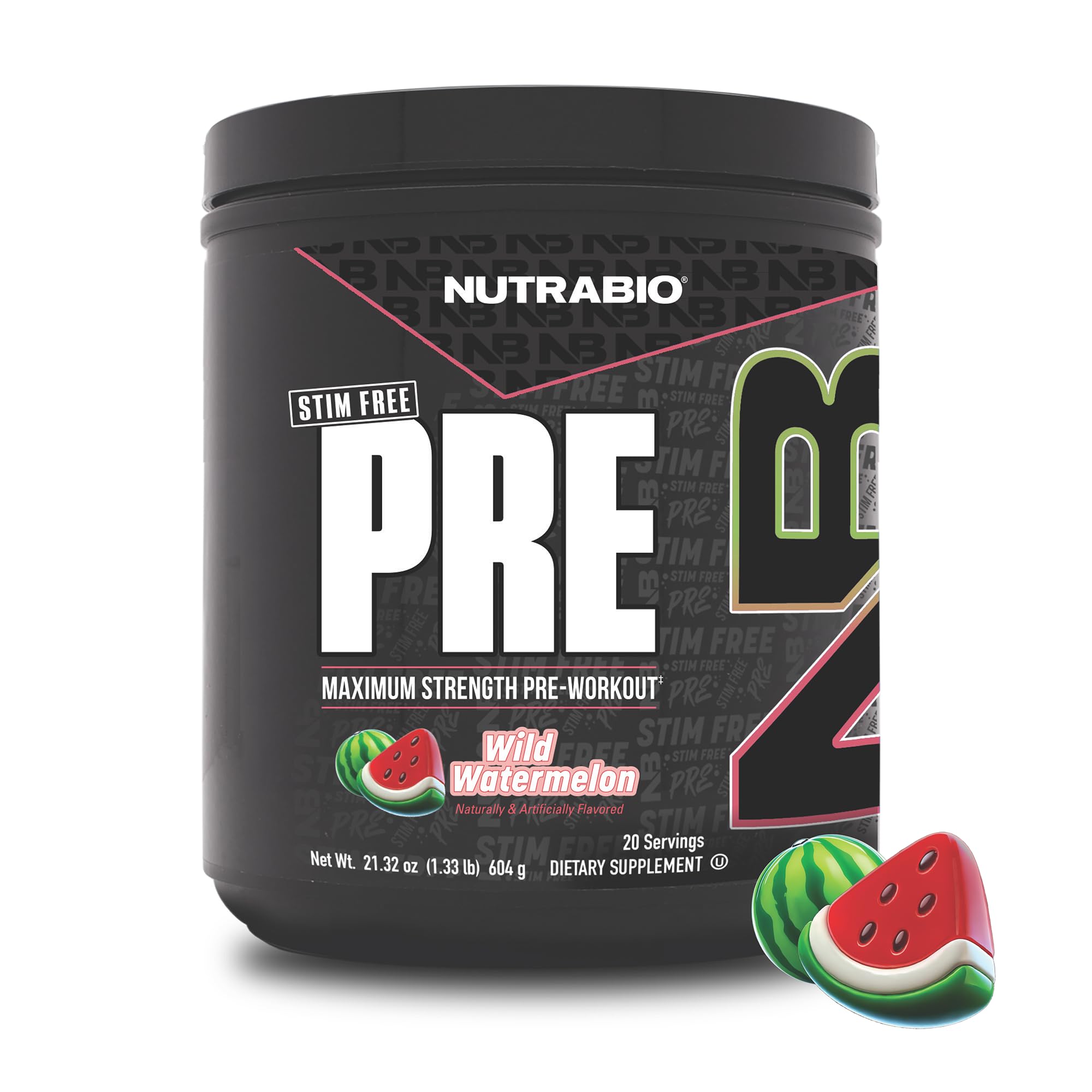 NutraBio envase frontal STIM-Free PRE Workout sandía, vista clara y beneficios