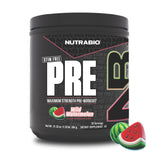 NutraBio envase frontal STIM-Free PRE Workout sandía, vista clara y beneficios