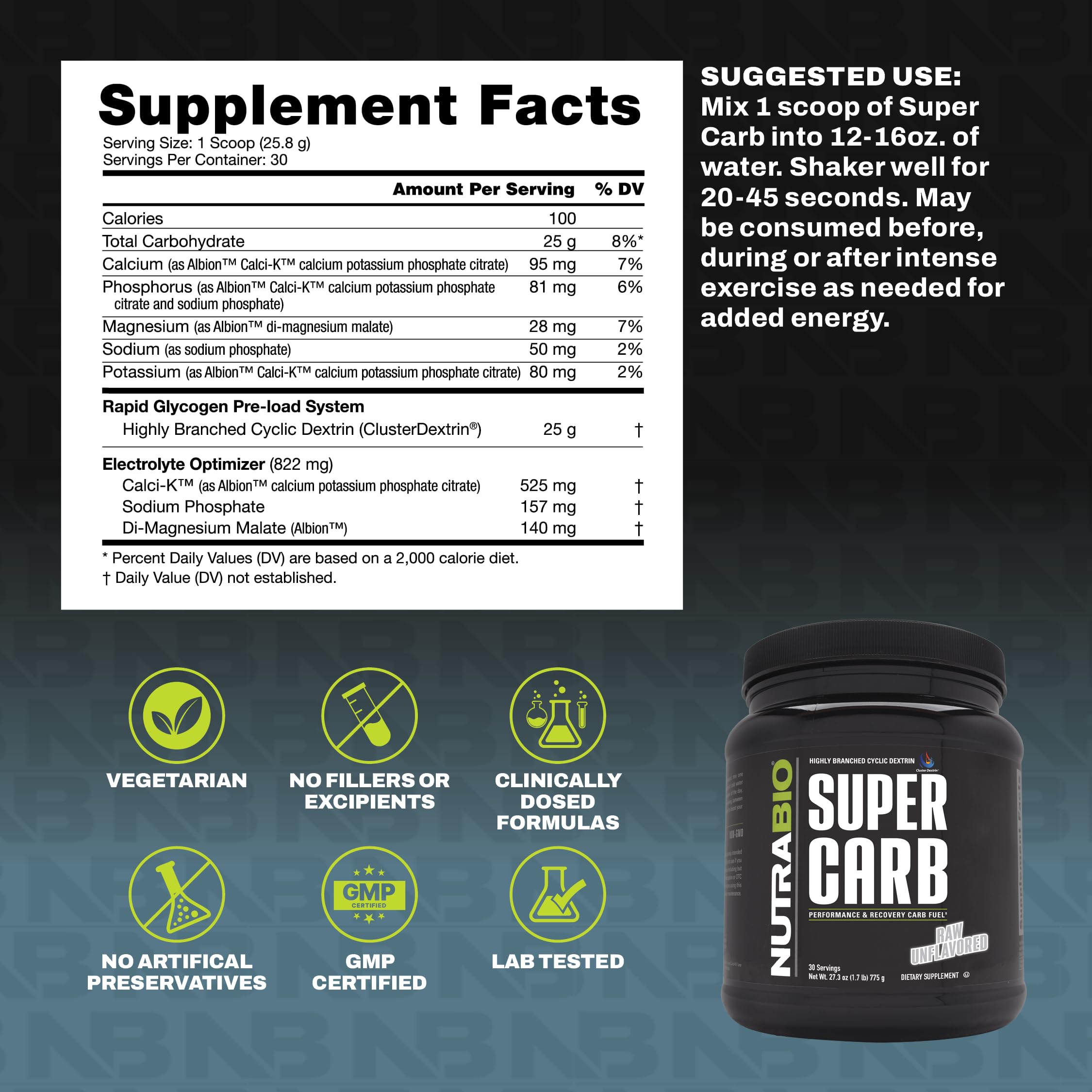 NutraBio Super Carb mezclado en vaso para hidratación y rendimiento inmediato