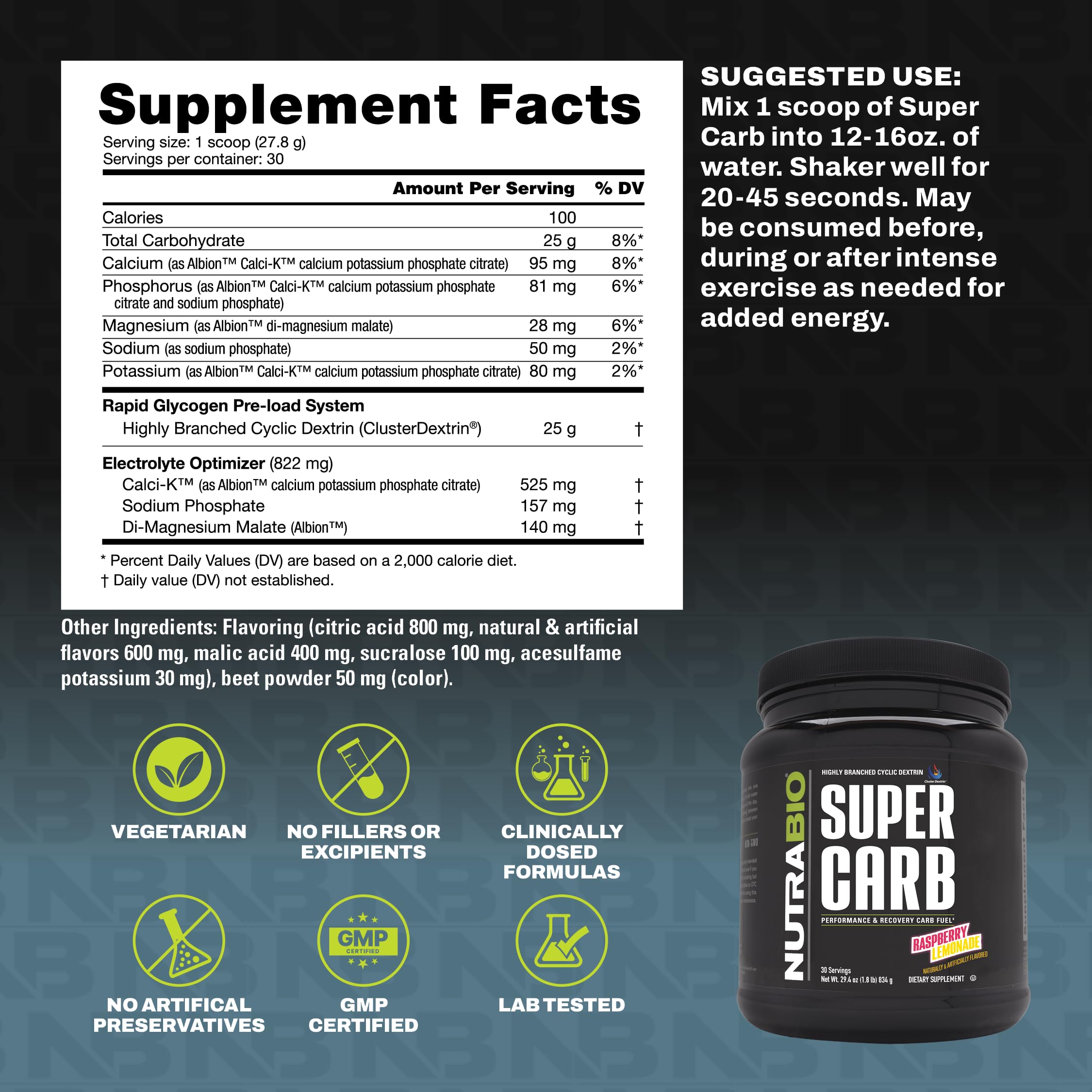 NutraBio Super Carb etiqueta visible con lista transparente y garantía de calidad