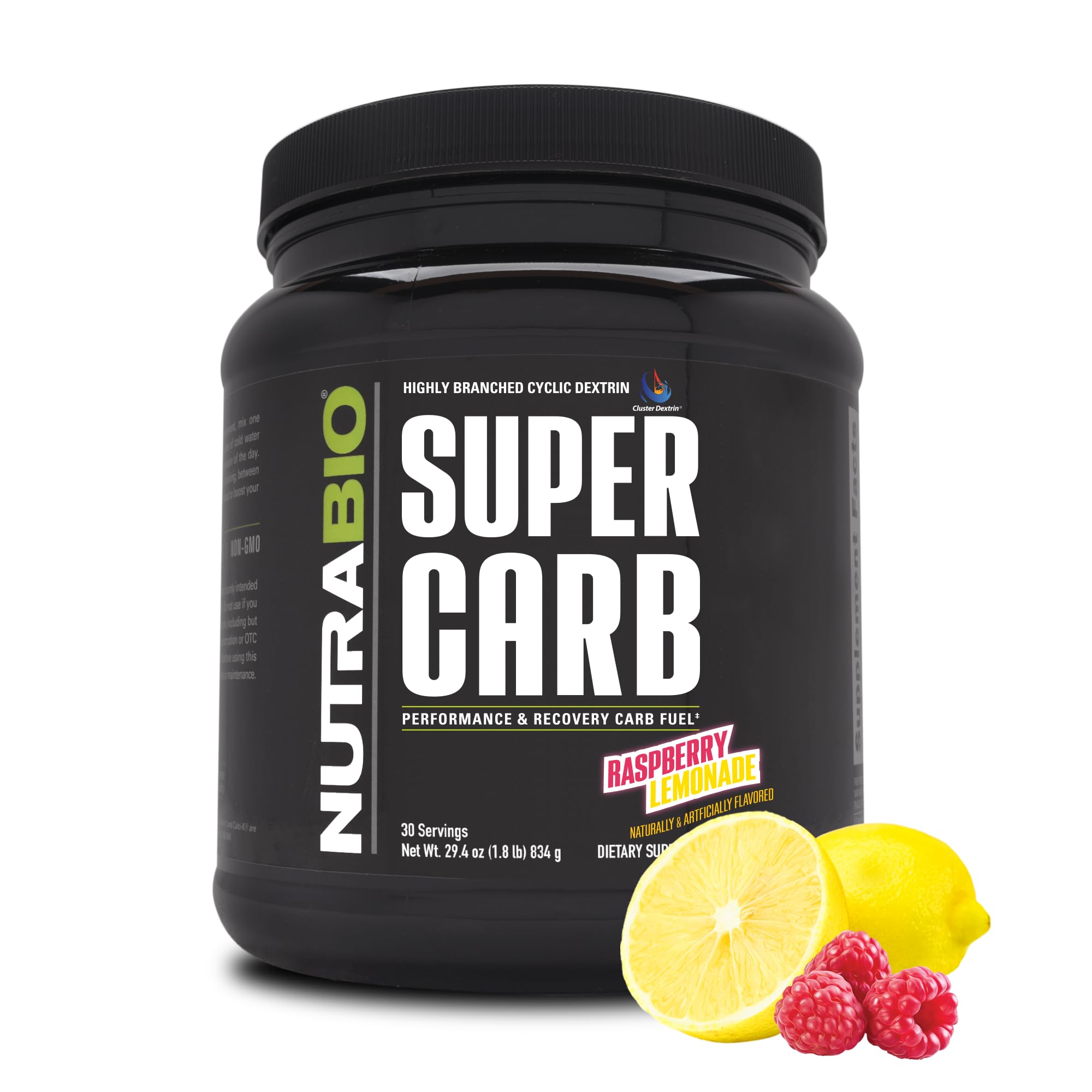 NutraBio Super Carb frente del envase mostrando presentación y beneficio energético