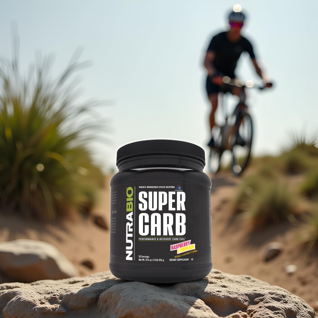 NutraBio Super Carb vaso frío sabor frambuesa-limonada refrescante durante ejercicio