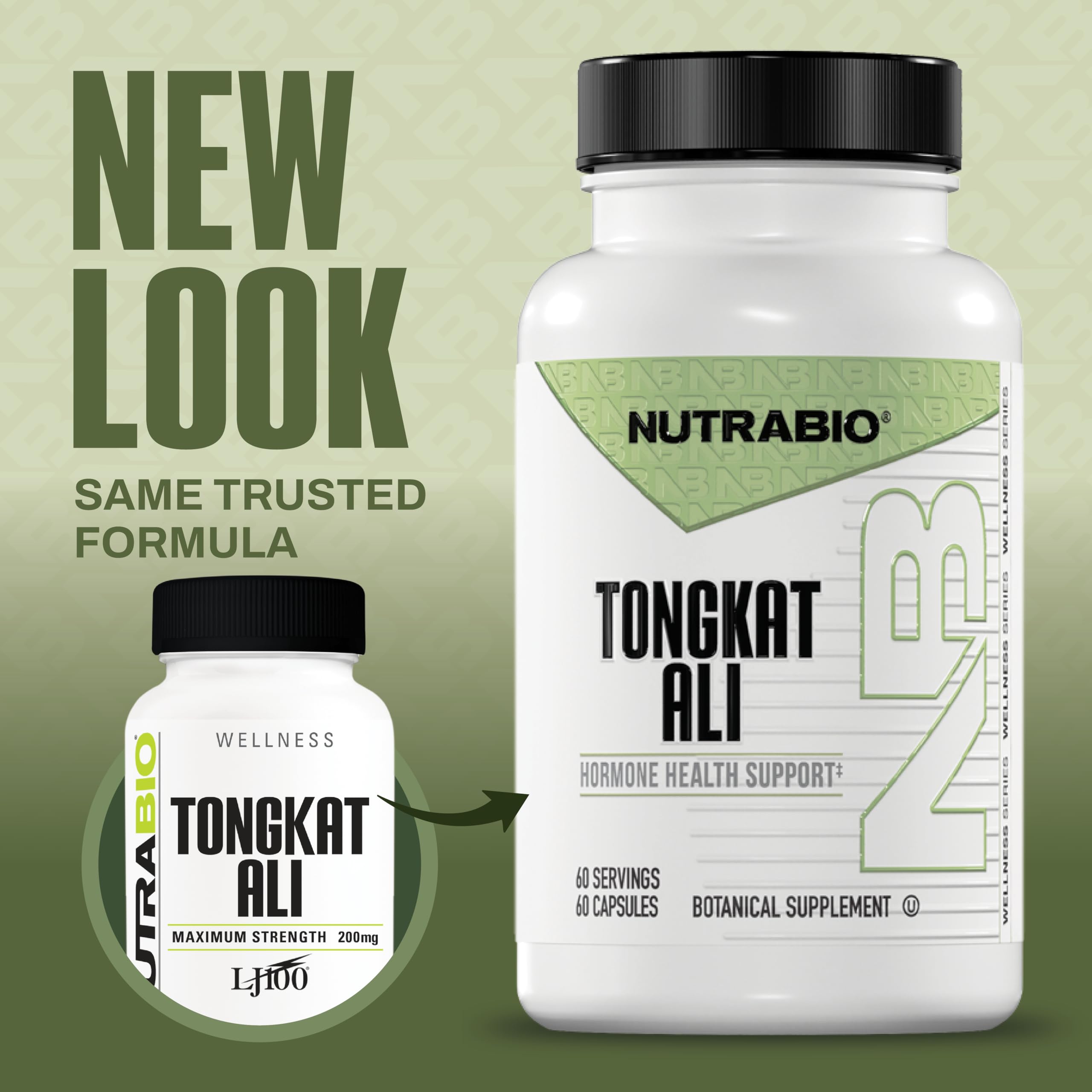 Etiqueta lateral de NutraBio Tongkat Ali con información de dosis y pureza