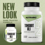 Etiqueta lateral de NutraBio Tongkat Ali con información de dosis y pureza