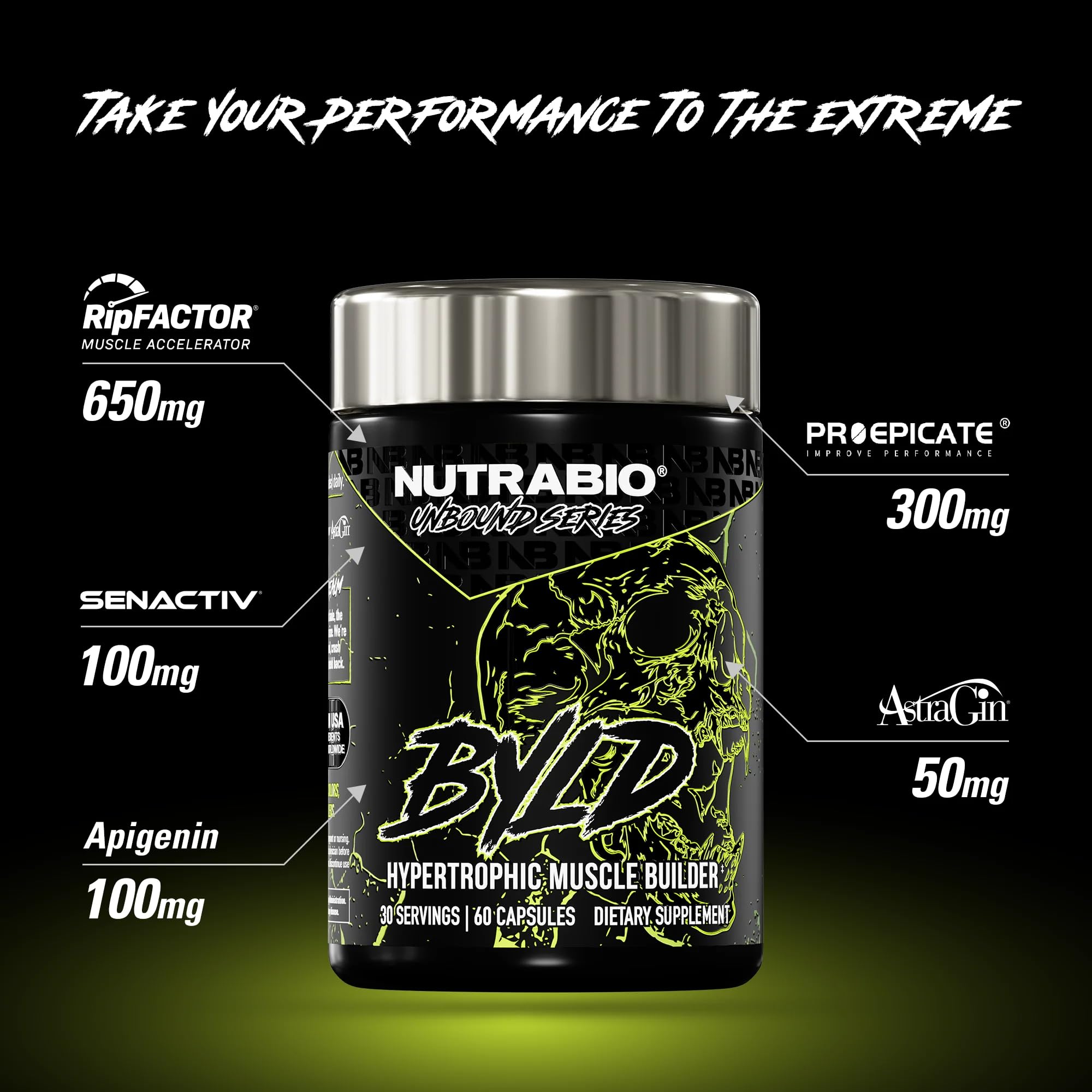 NutraBio Unbound BYLD cápsulas en mano, muestra la dosificación por servicio
